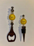 Cute Wine Stopper and Bottle Opener Set Featuring Happy-faced Suns with Clear Sparkly Faceted Beads