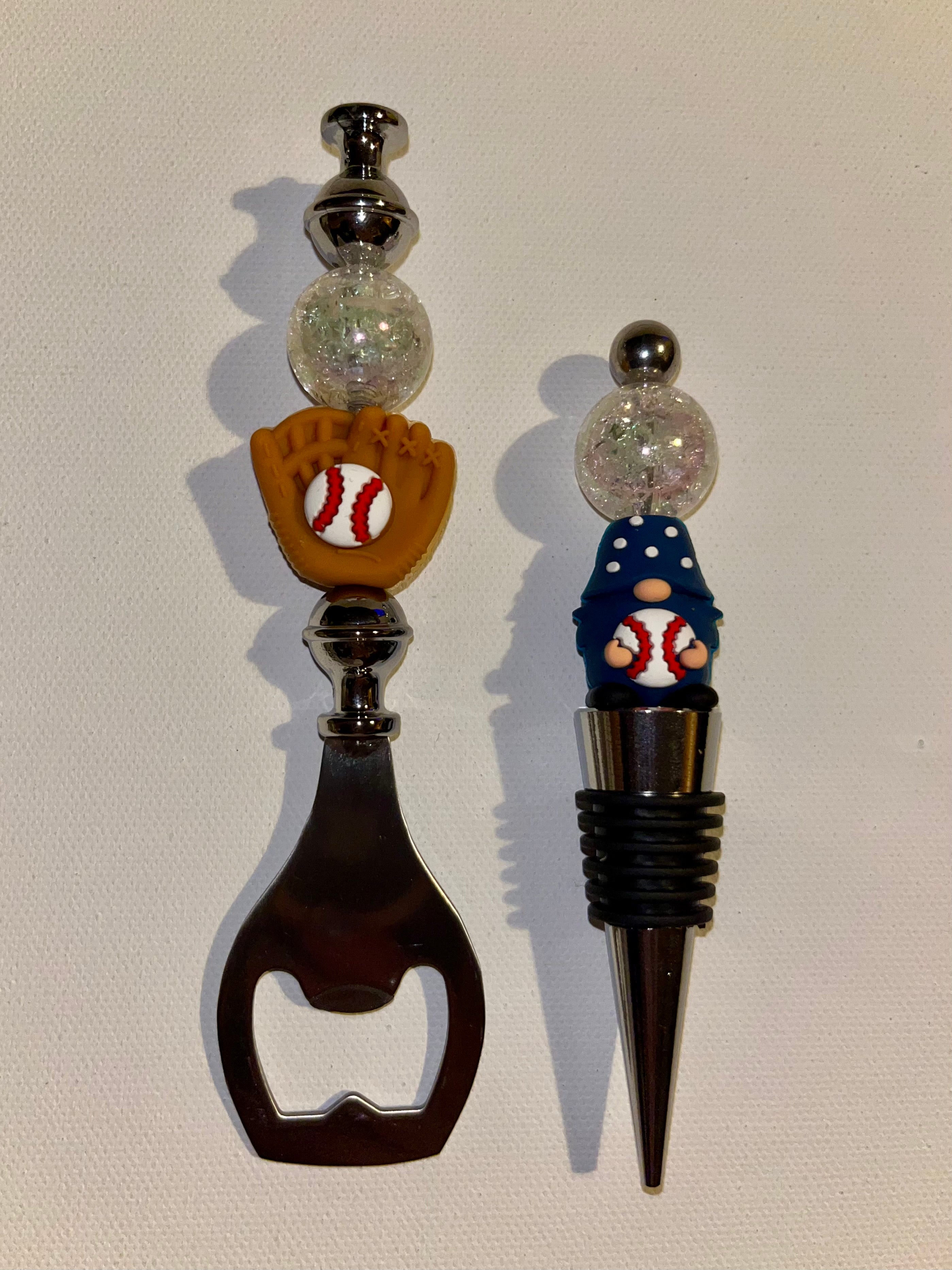 Cute Baseball-Themed Wine Stopper & Bottle Opener Set