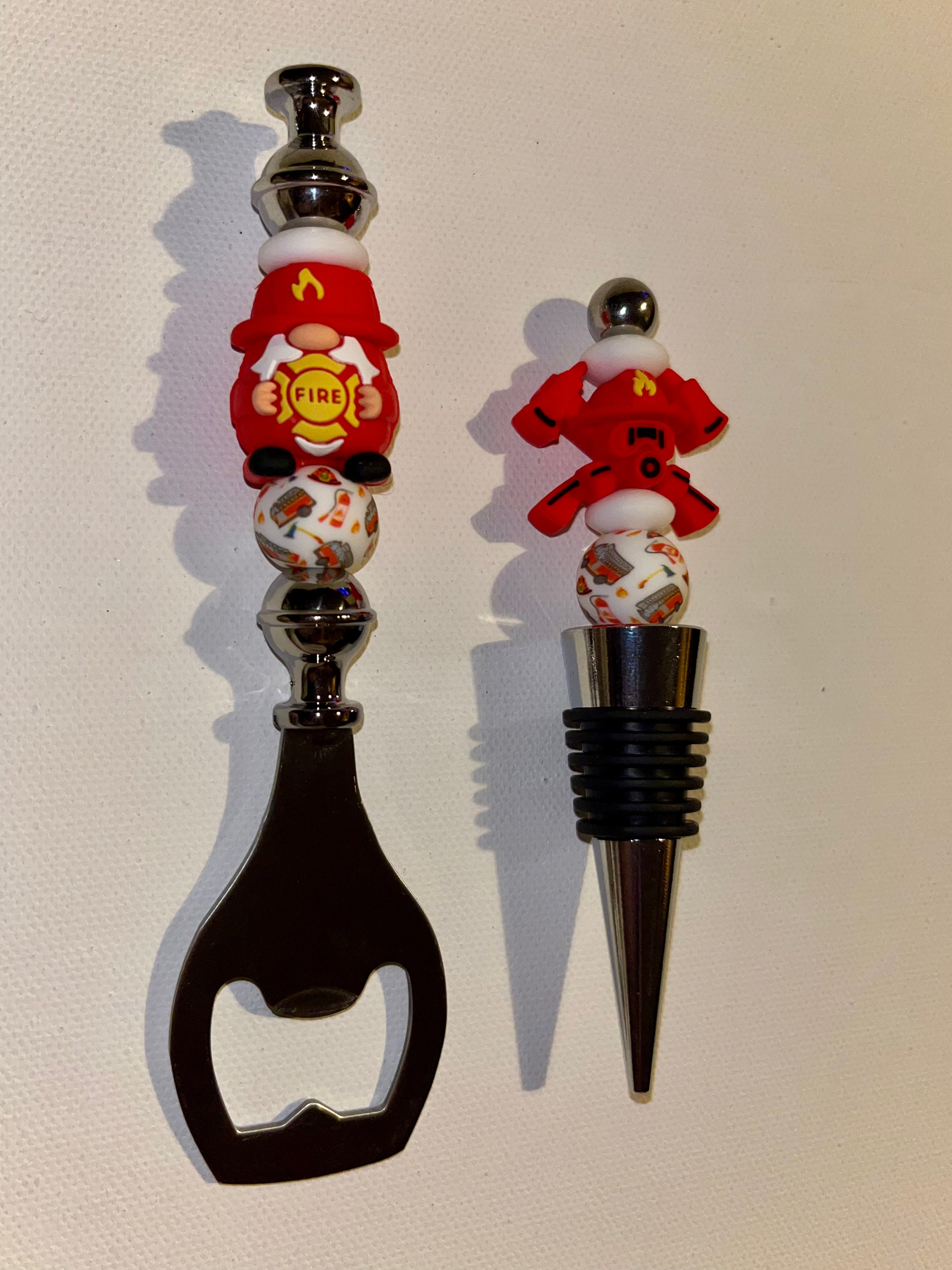 Firefighter-Themed Wine Stopper and Bottle Opener Set
