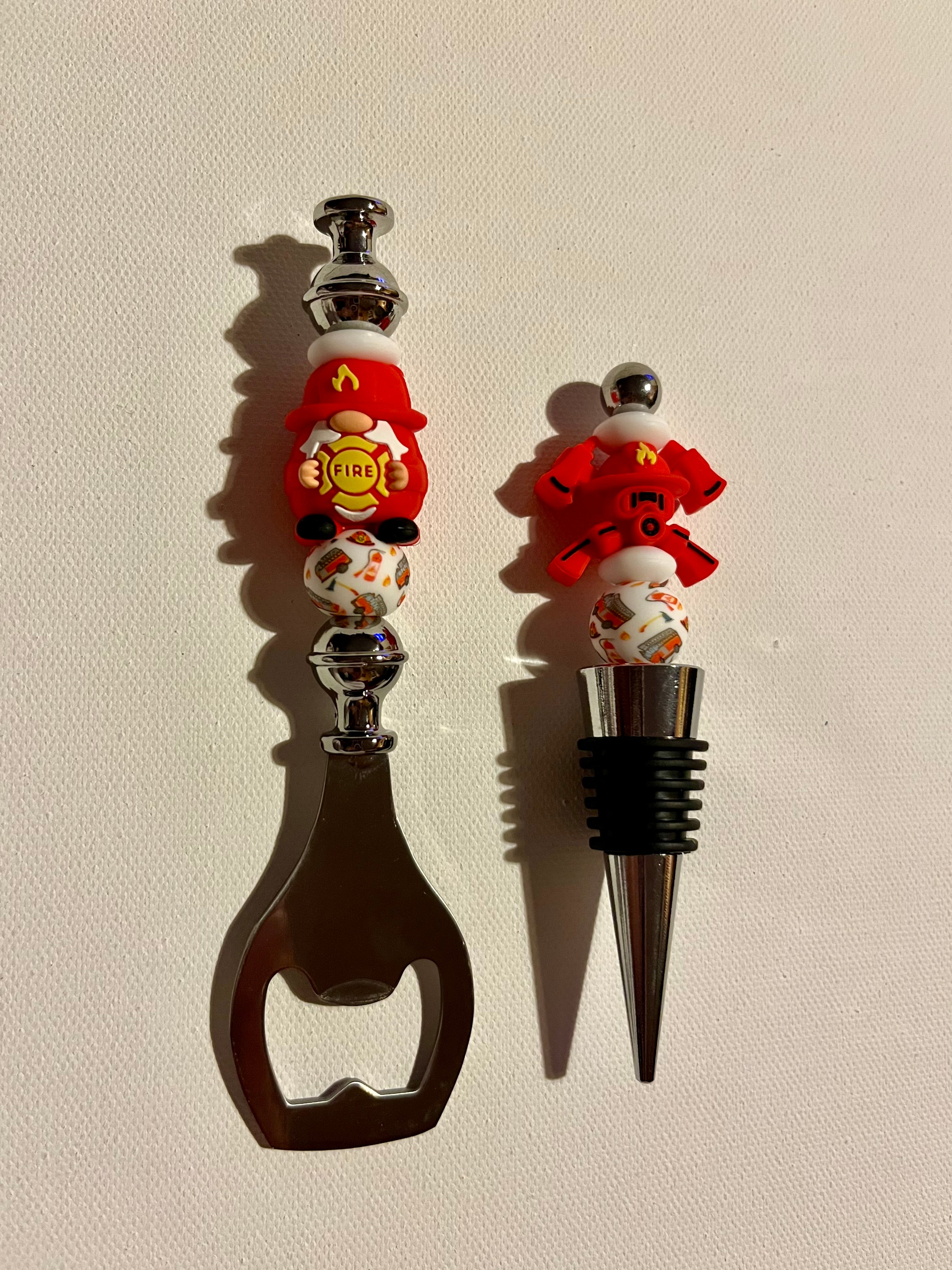 Firefighter-Themed Wine Stopper and Bottle Opener Set