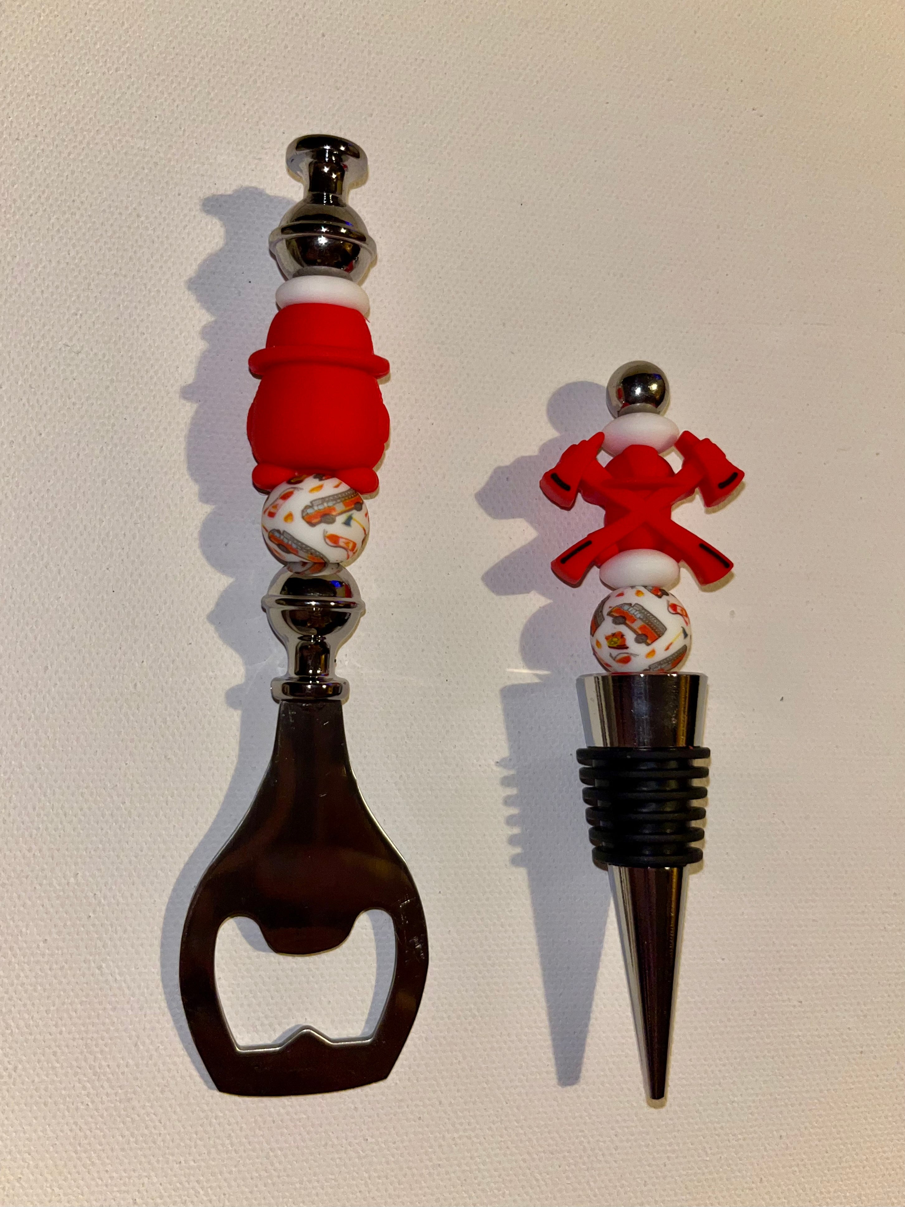 Firefighter-Themed Wine Stopper and Bottle Opener Set
