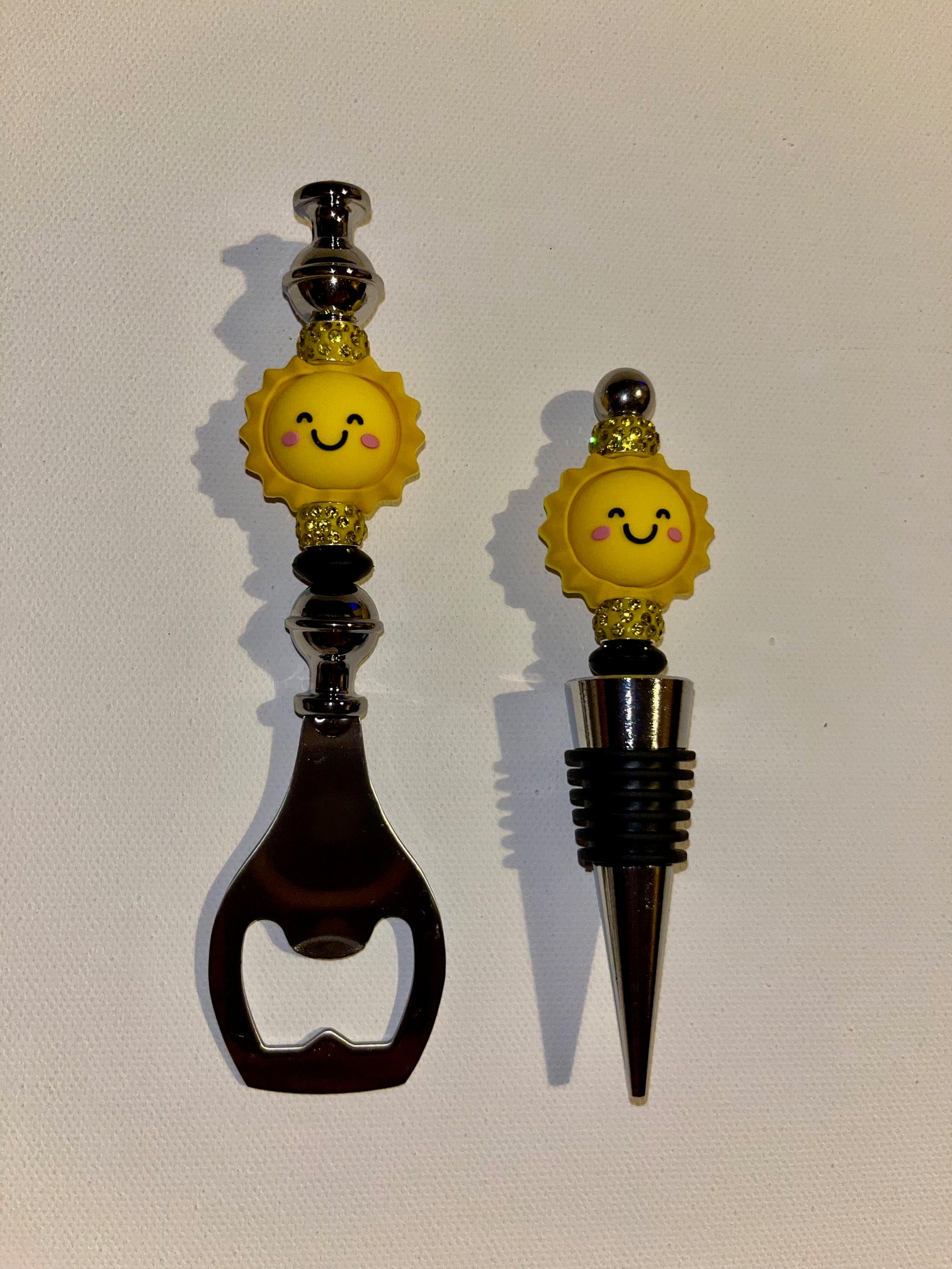"Sunny Disposition" Wine Stopper and Bottle Opener Set with Rhinestone Accents