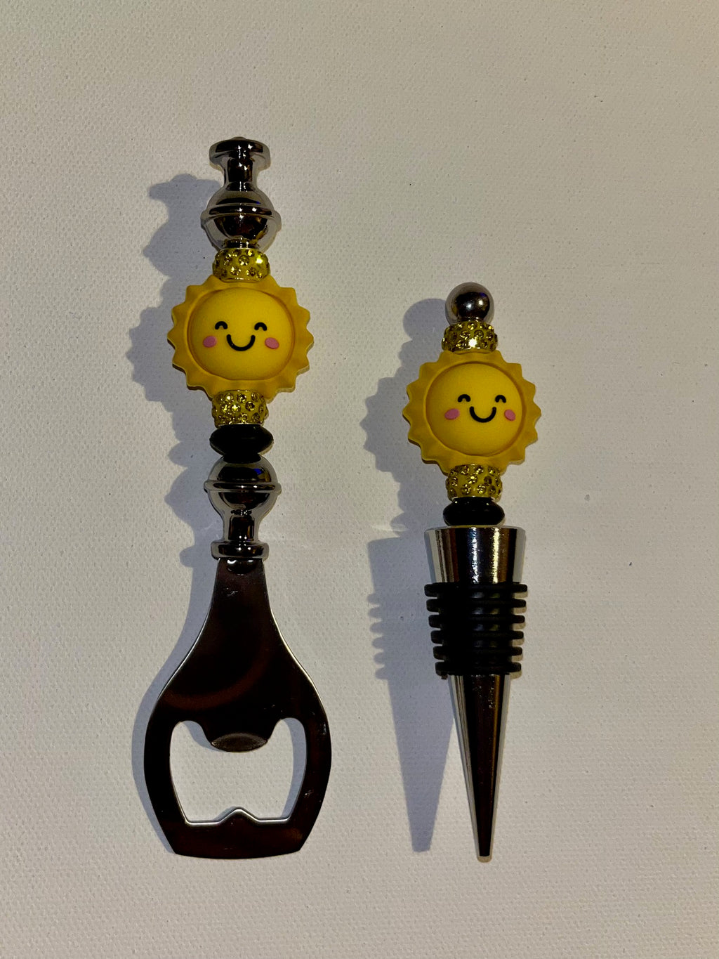 "Sunny Disposition" Wine Stopper and Bottle Opener Set with Rhinestone Accents
