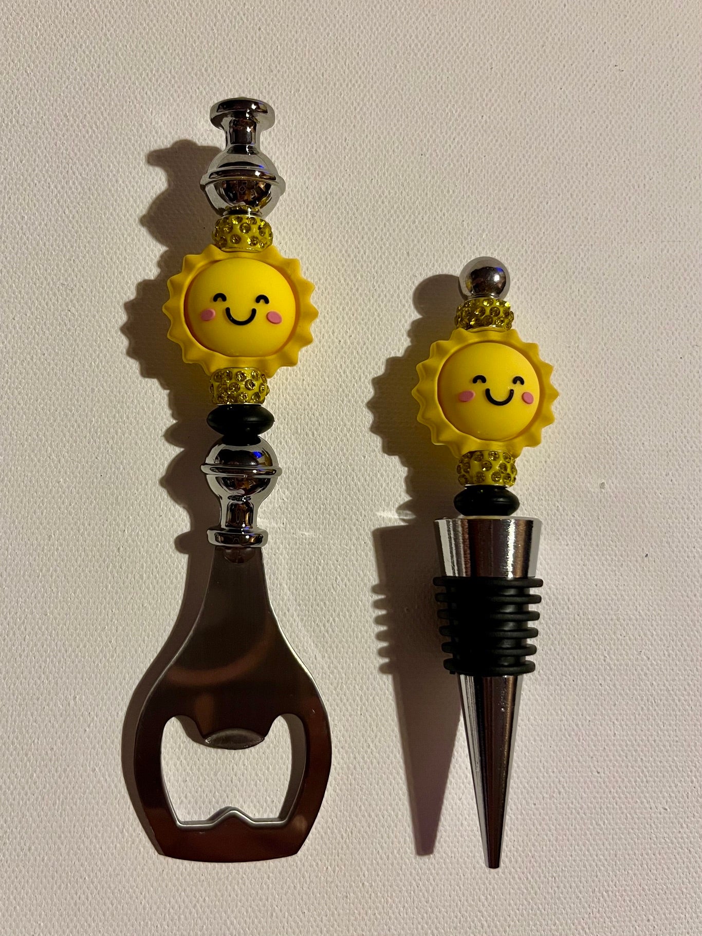 "Sunny Disposition" Wine Stopper and Bottle Opener Set with Rhinestone Accents