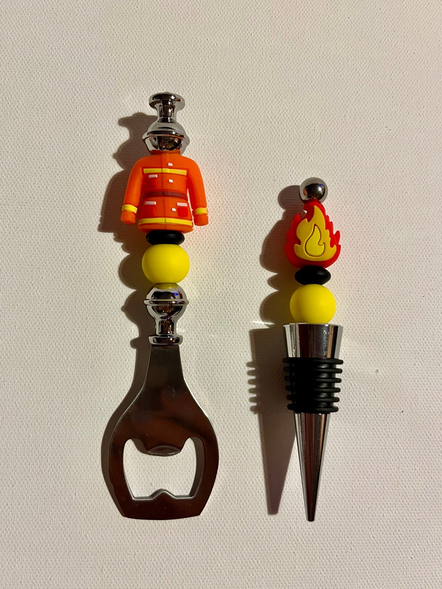 Orange, Black and Yellow Firefighting-themed Bottle Opener and Wine Stopper Set