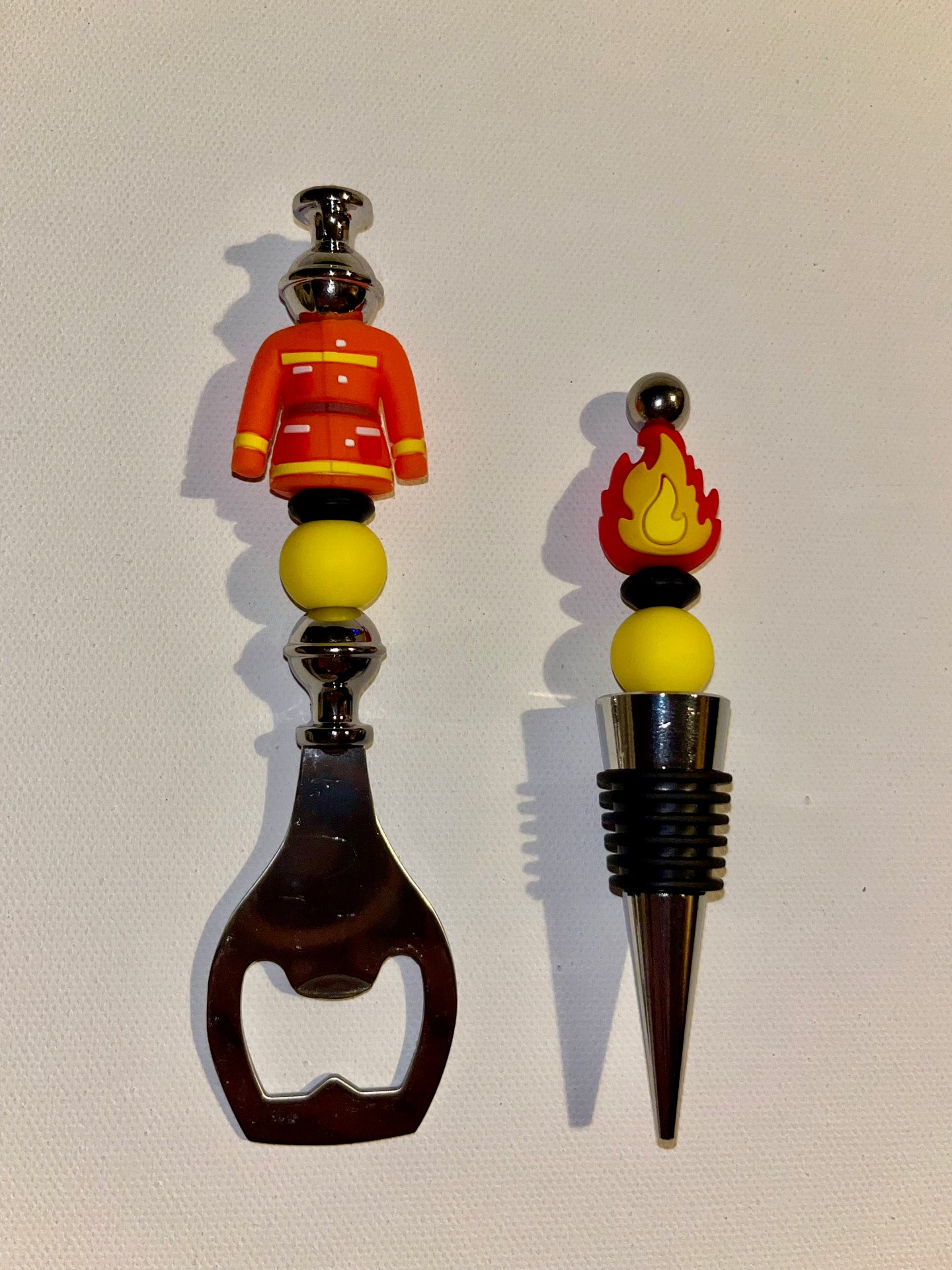 Orange, Black and Yellow Firefighting-themed Bottle Opener and Wine Stopper Set