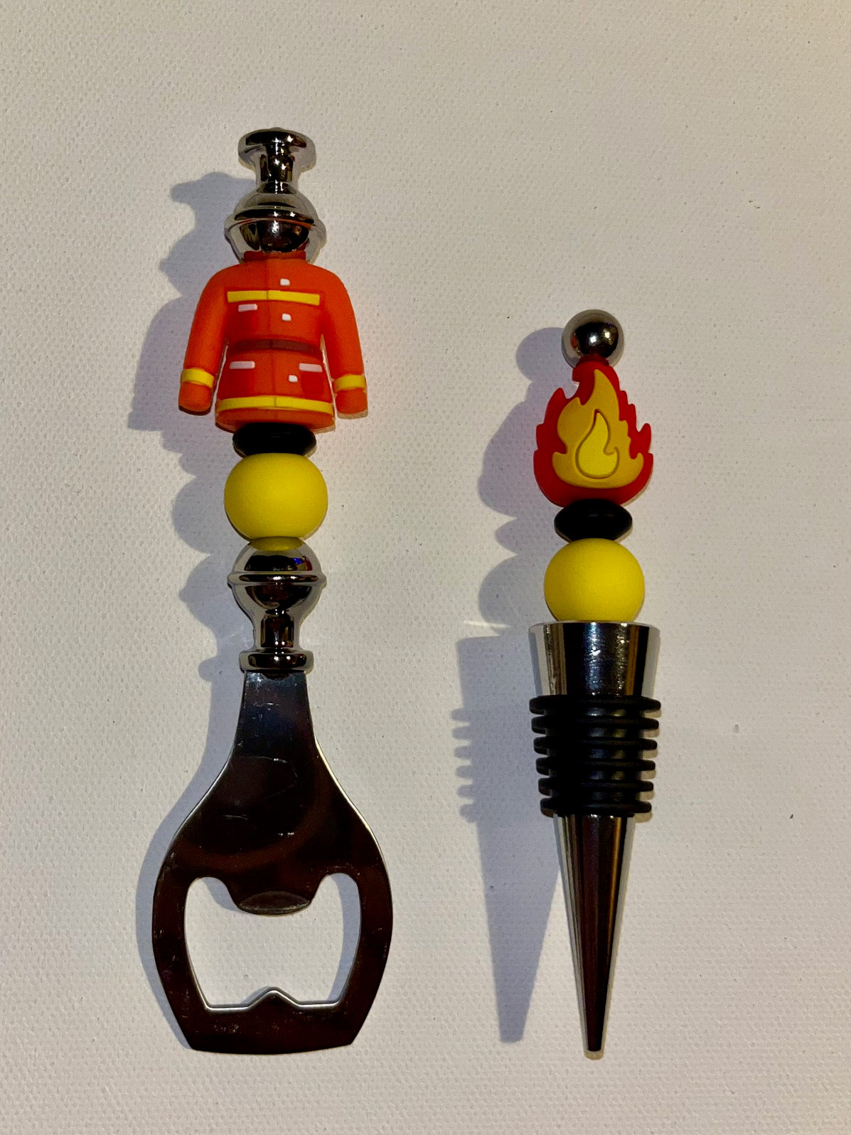 Orange, Black and Yellow Firefighting-themed Bottle Opener and Wine Stopper Set