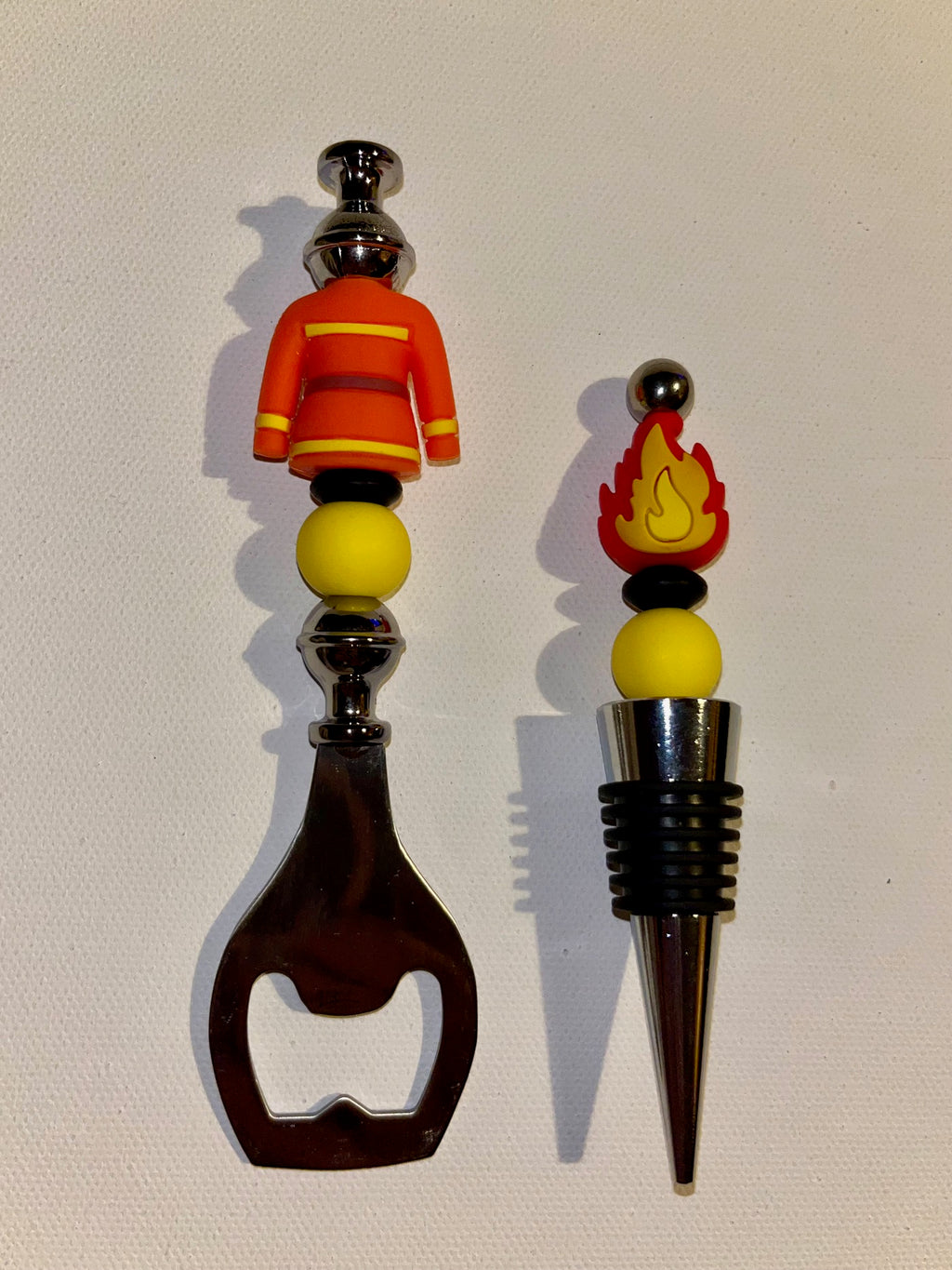 Orange, Black and Yellow Firefighting-themed Bottle Opener and Wine Stopper Set