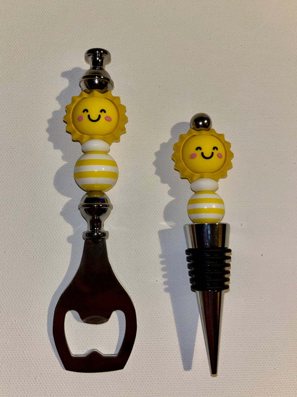 Sunshine Smiley Bottle Opener and Wine Stopper Set - Striped