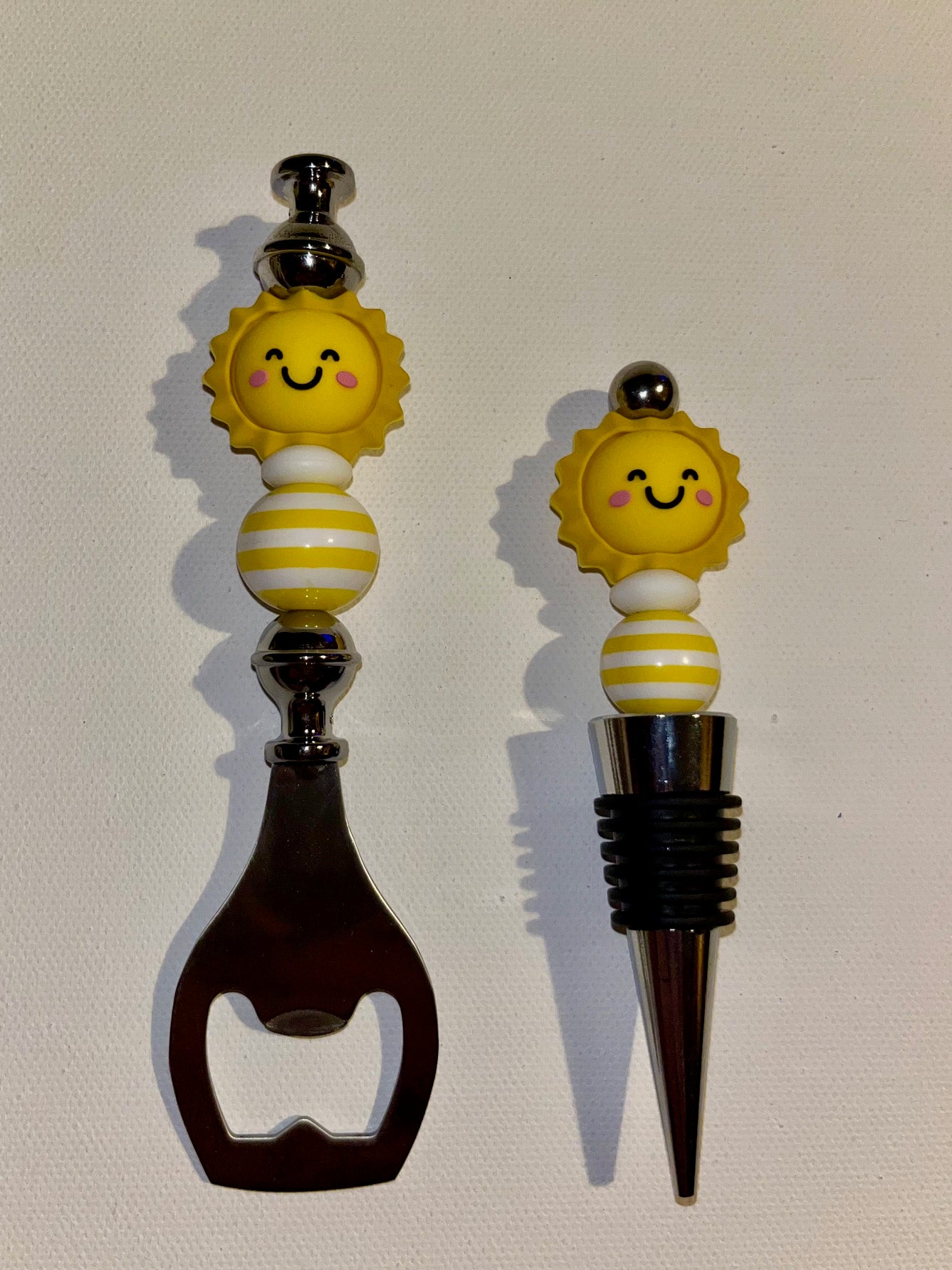 Sunshine Smiley Bottle Opener and Wine Stopper Set - Striped