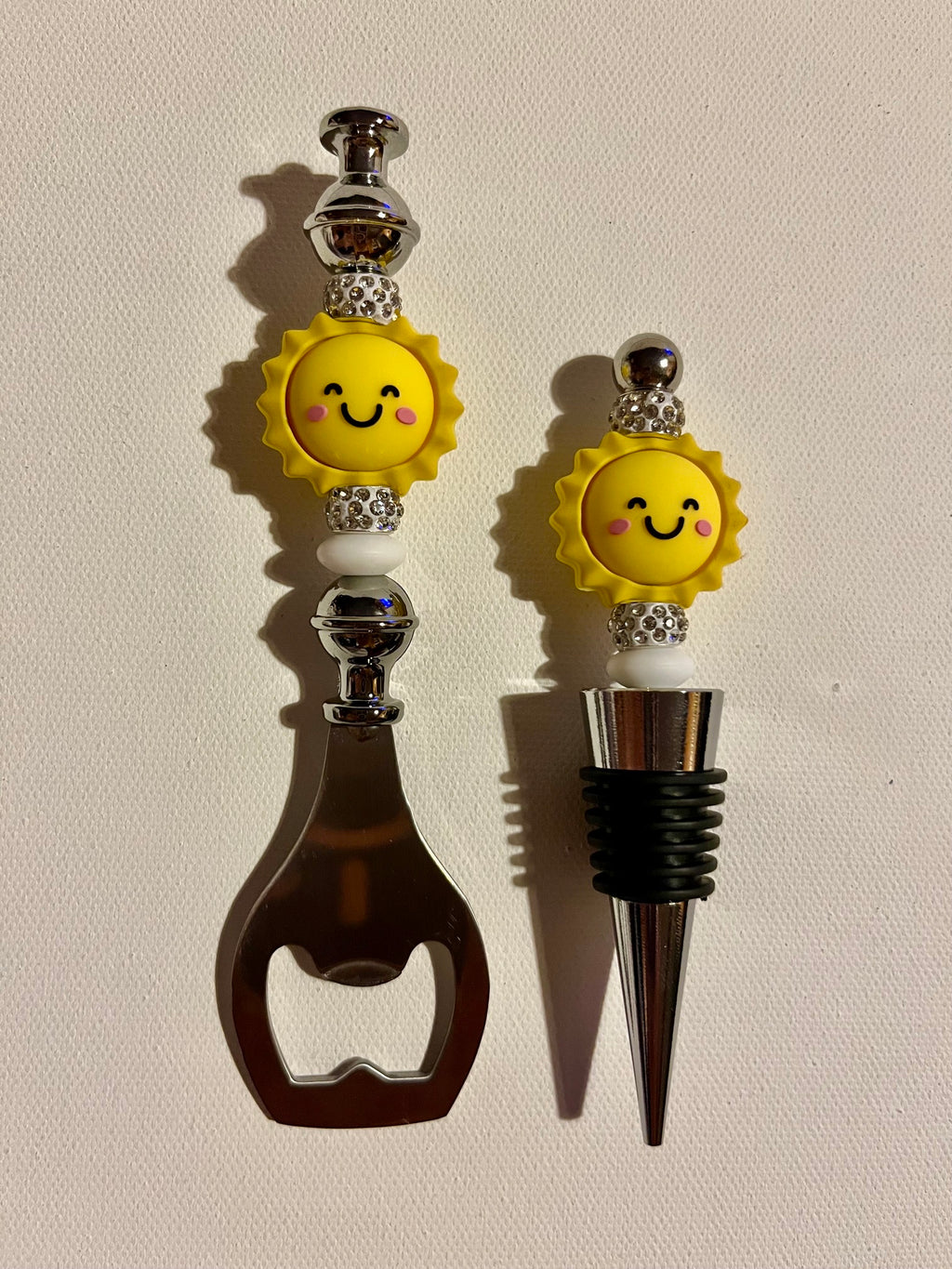 Yellow Sun Bottle Opener & Wine Stopper Set w/White Rhinestone Accents
