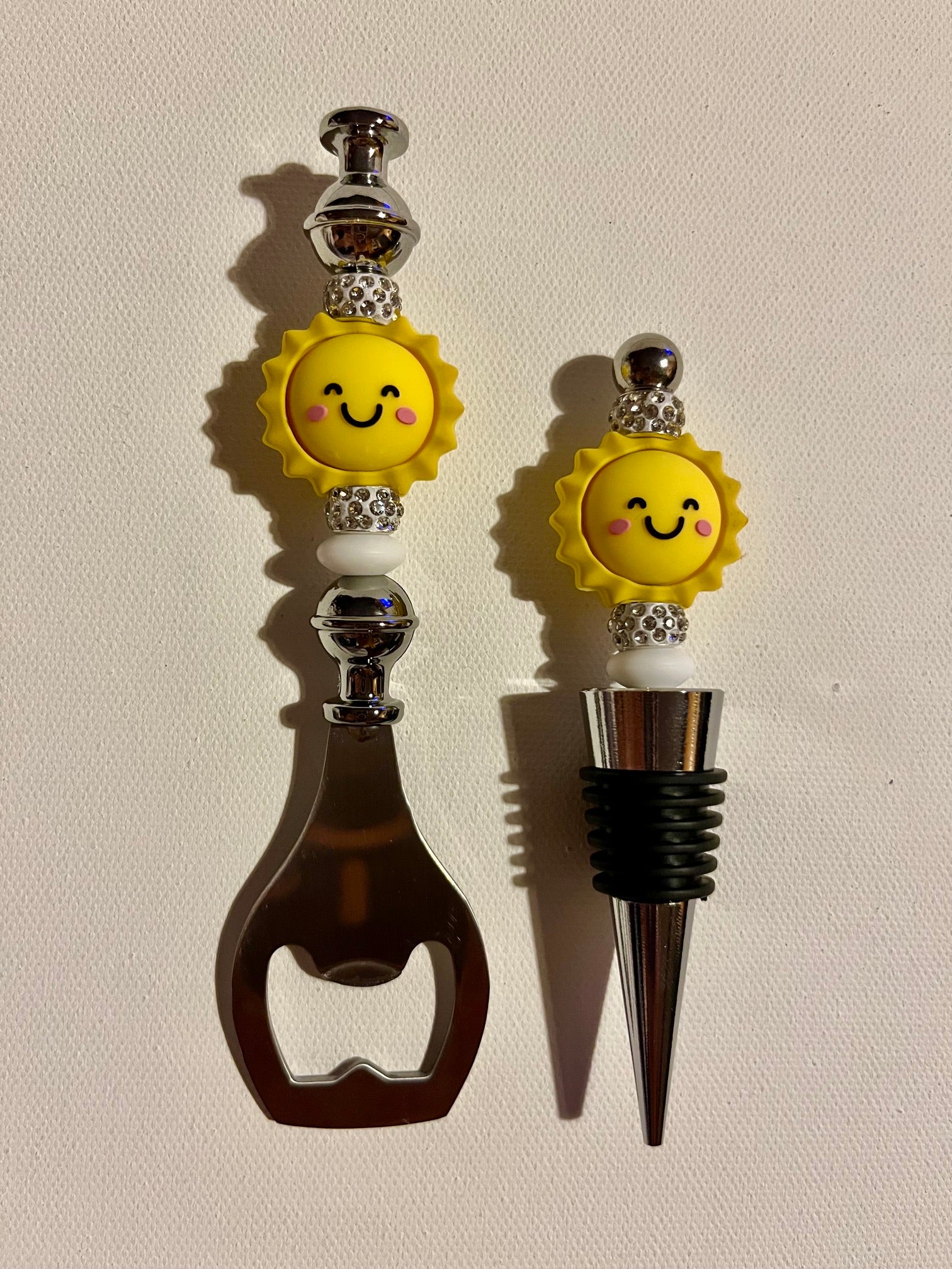 Yellow Sun Bottle Opener & Wine Stopper Set w/White Rhinestone Accents