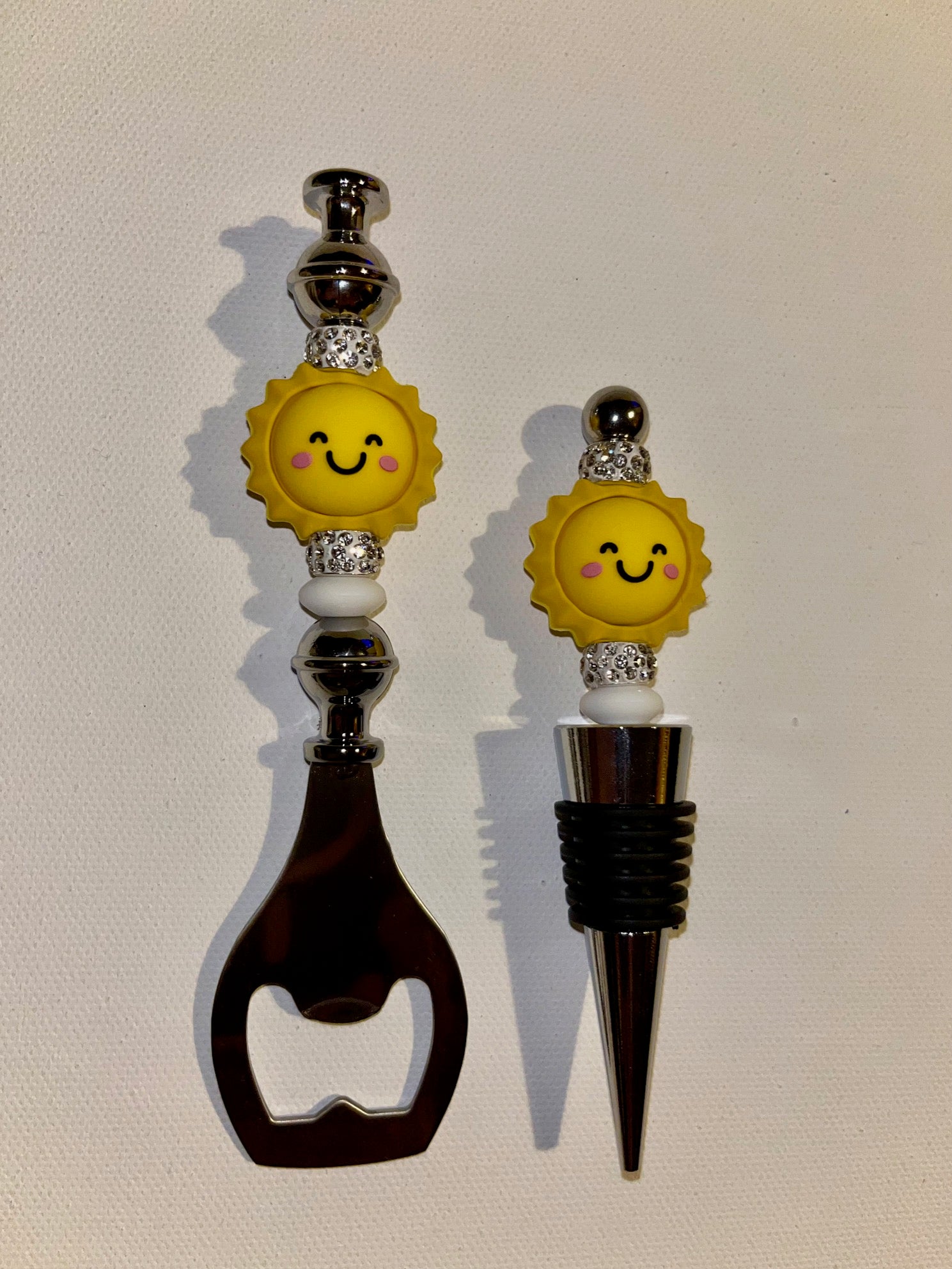 Yellow Sun Bottle Opener & Wine Stopper Set w/White Rhinestone Accents