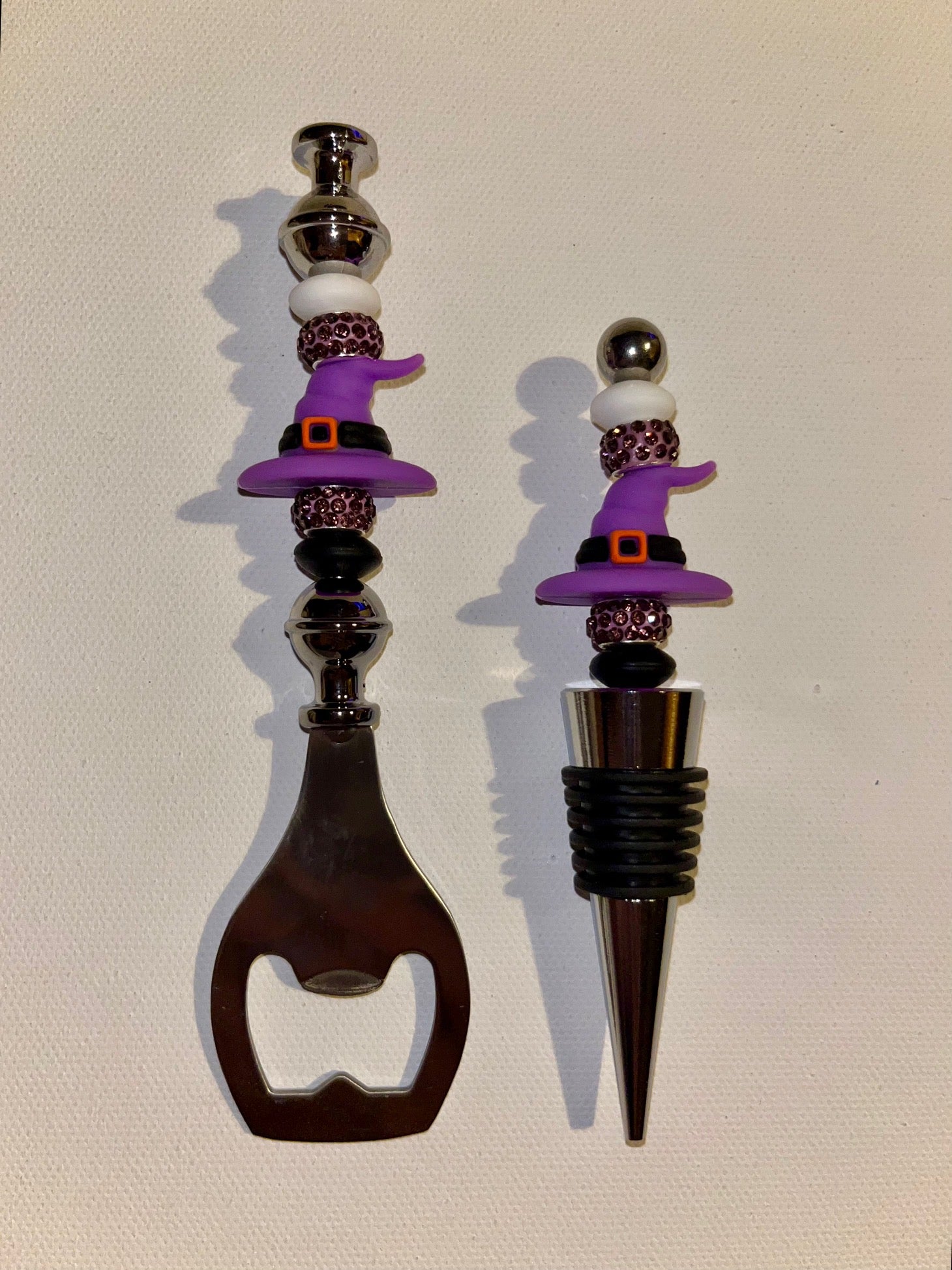 Halloween Spooky Cute Purple Witch Hat Wine Bottle Stopper and Opener Set