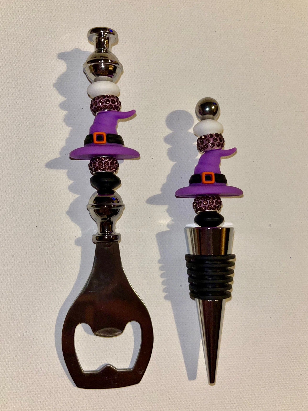 Halloween Spooky Cute Purple Witch Hat Wine Bottle Stopper and Opener Set