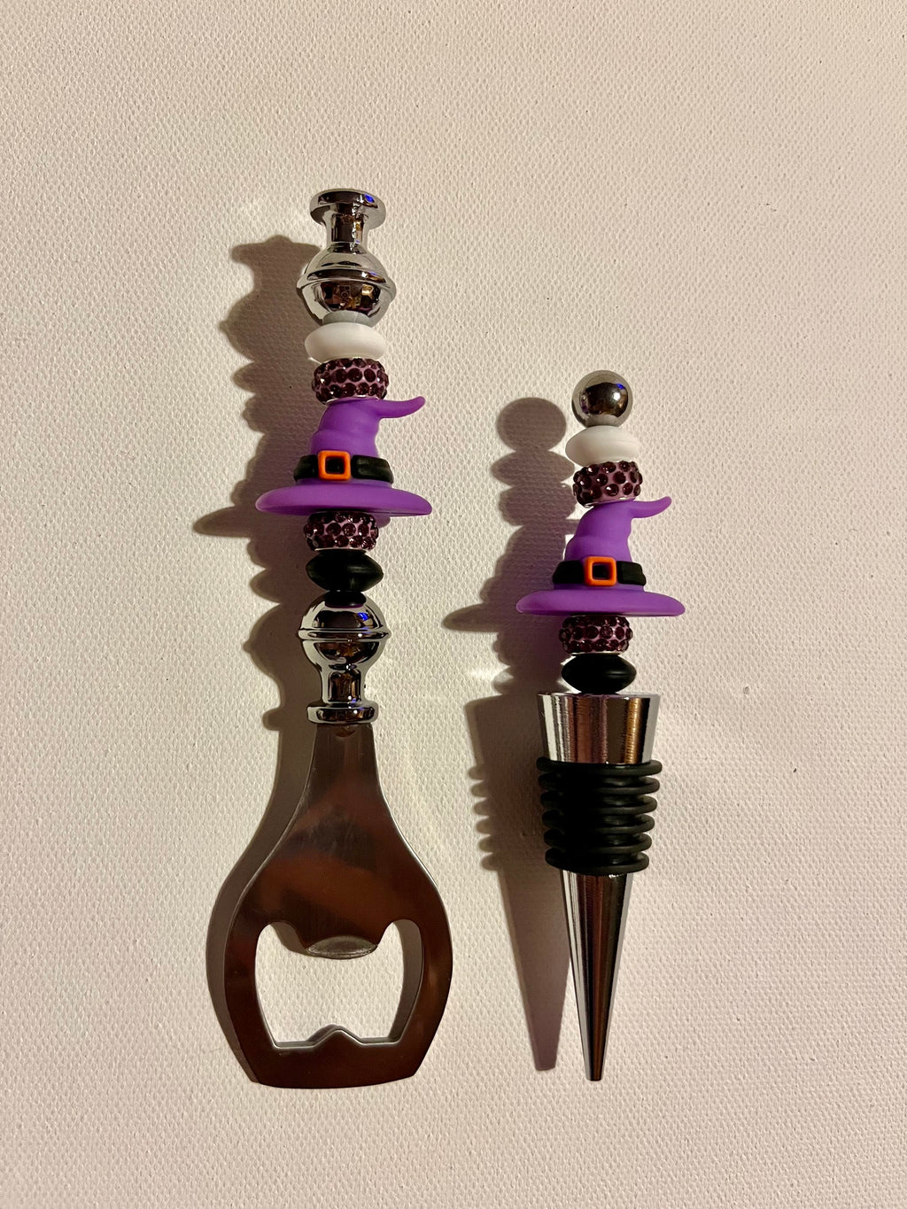 Halloween Spooky Cute Purple Witch Hat Wine Bottle Stopper and Opener Set