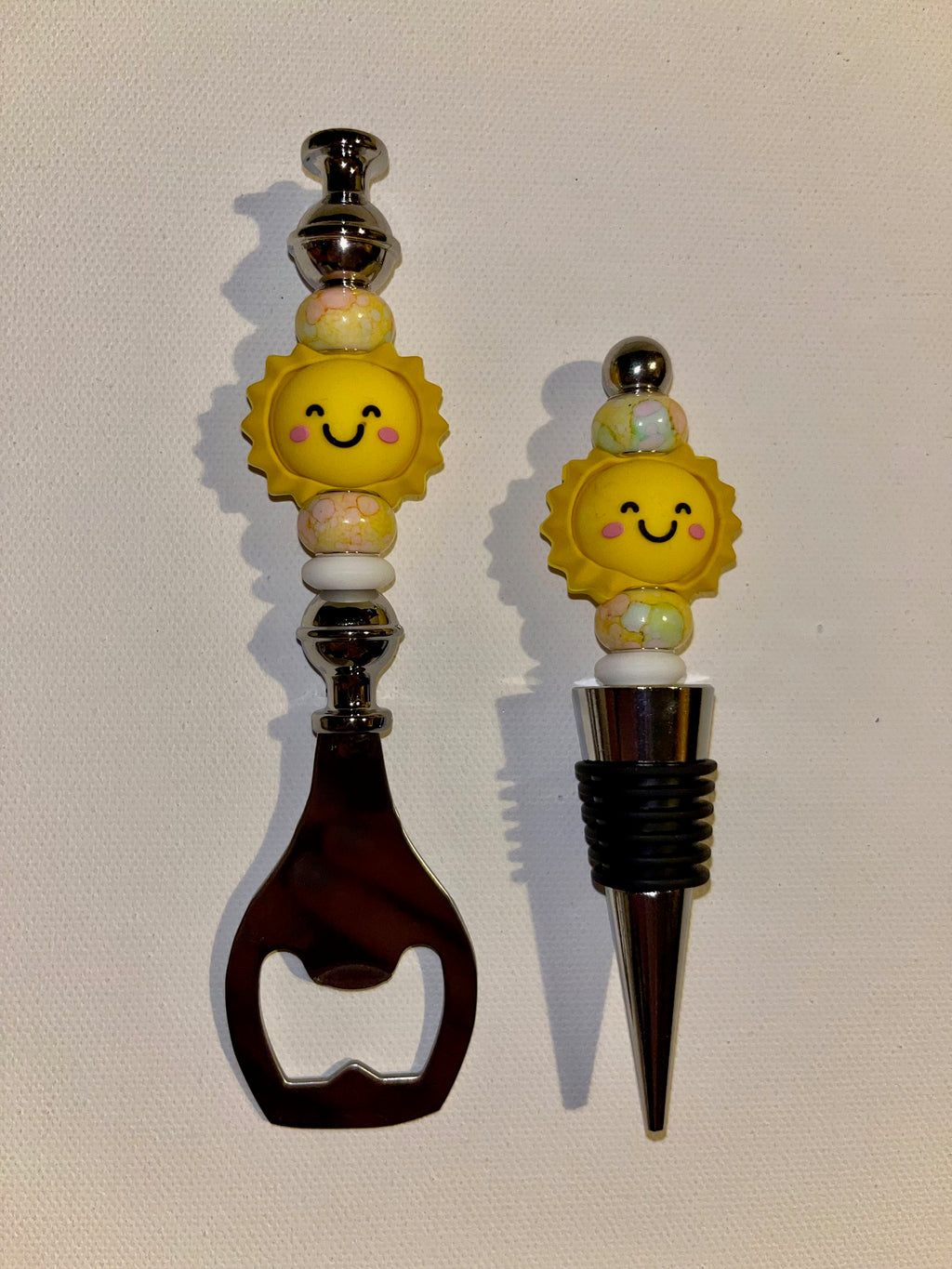 Sunny Yellow Smiling Sun Bottle Opener & Wine Stopper Set