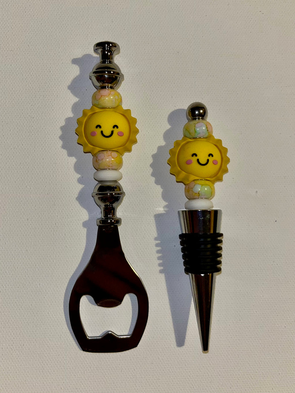 Sunny Yellow Smiling Sun Bottle Opener & Wine Stopper Set