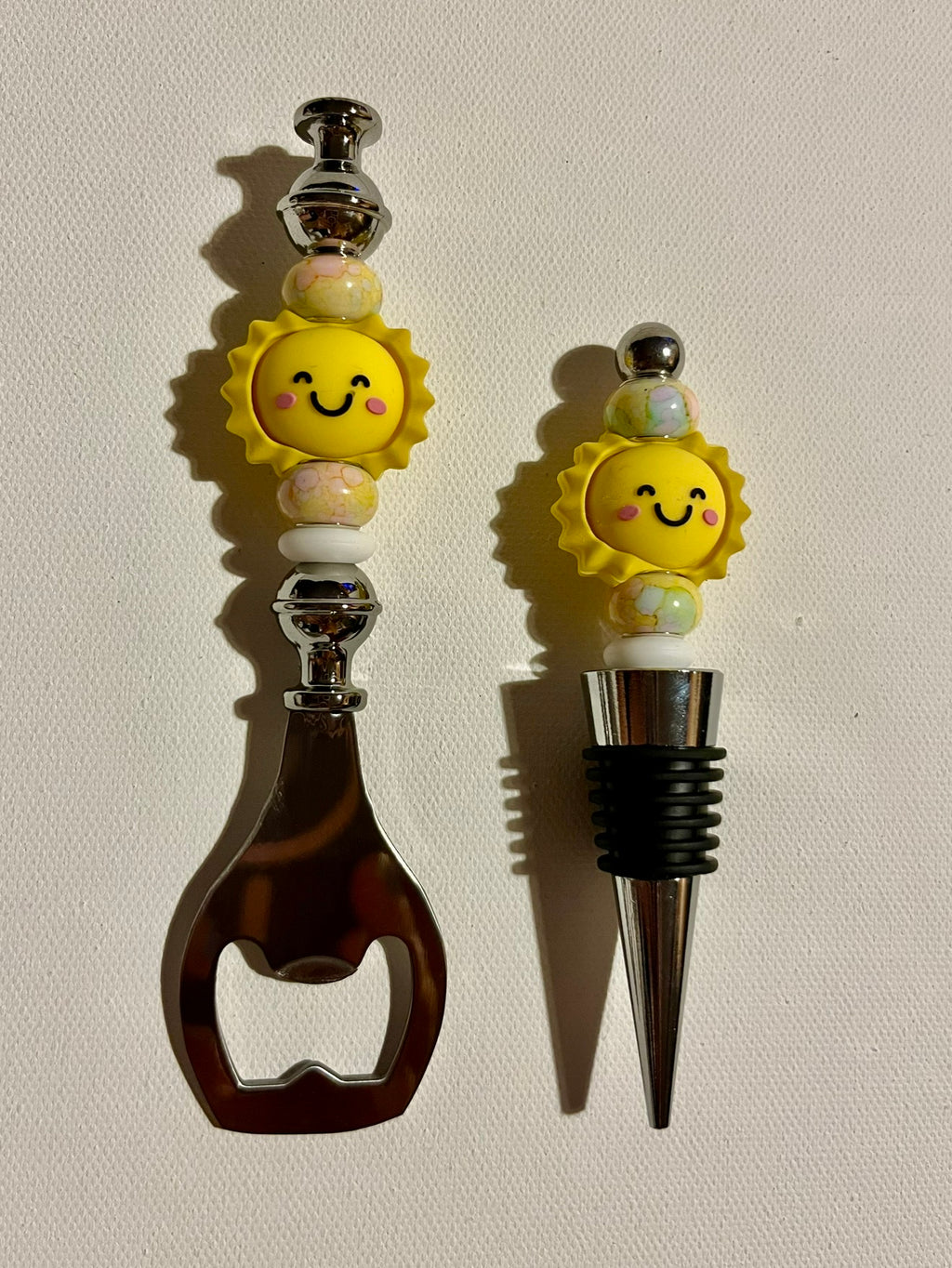 Sunny Yellow Smiling Sun Bottle Opener & Wine Stopper Set
