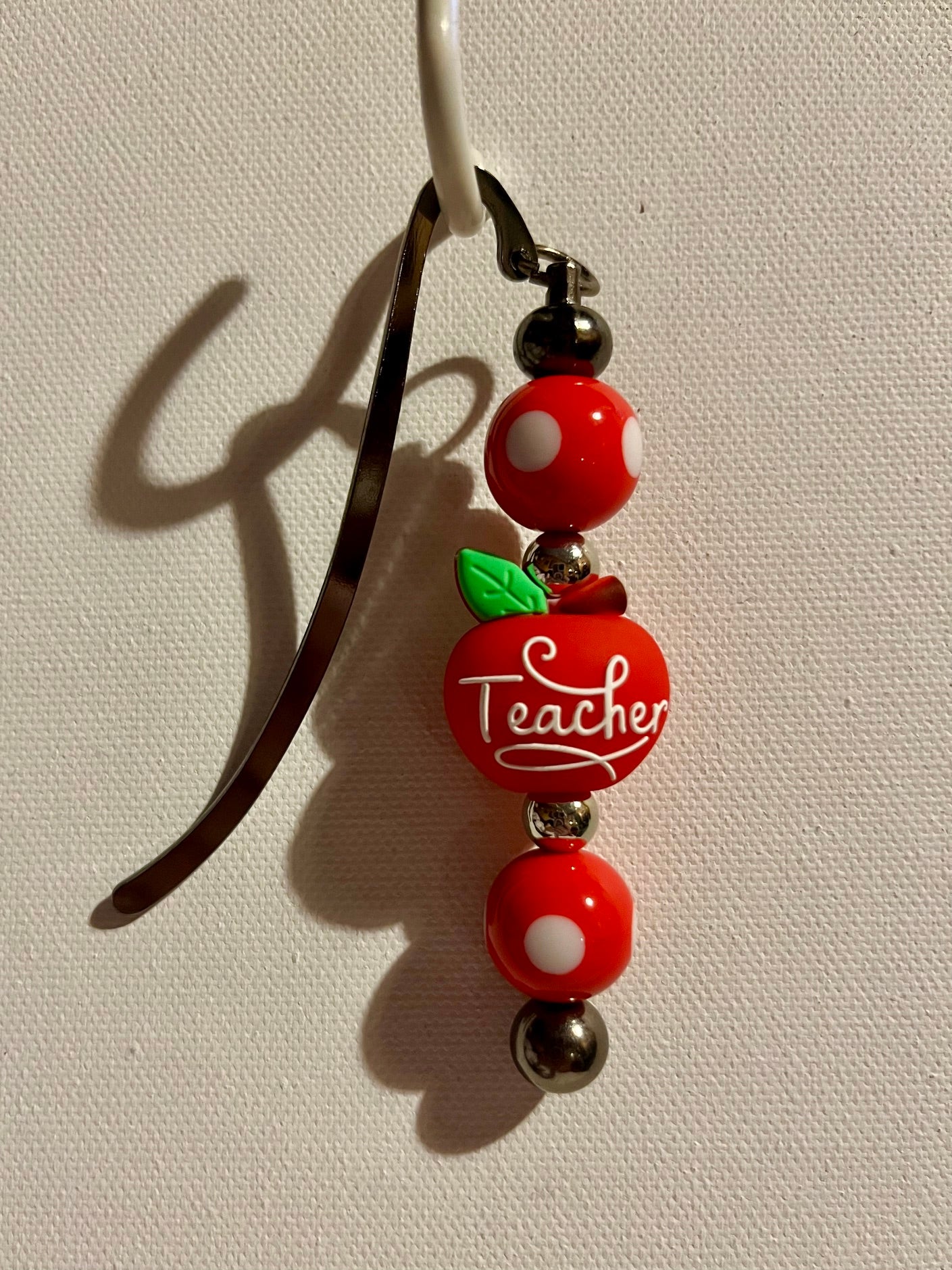 Red Thank You/Teacher Apple & White Polka Dot Beaded Bookmark
