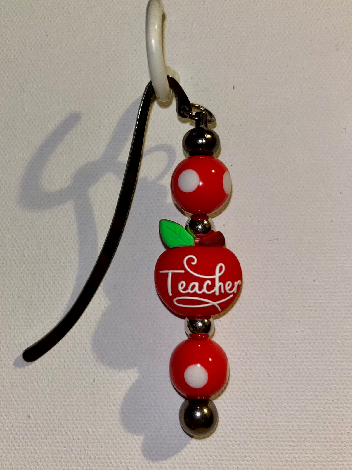 Red Thank You/Teacher Apple & White Polka Dot Beaded Bookmark