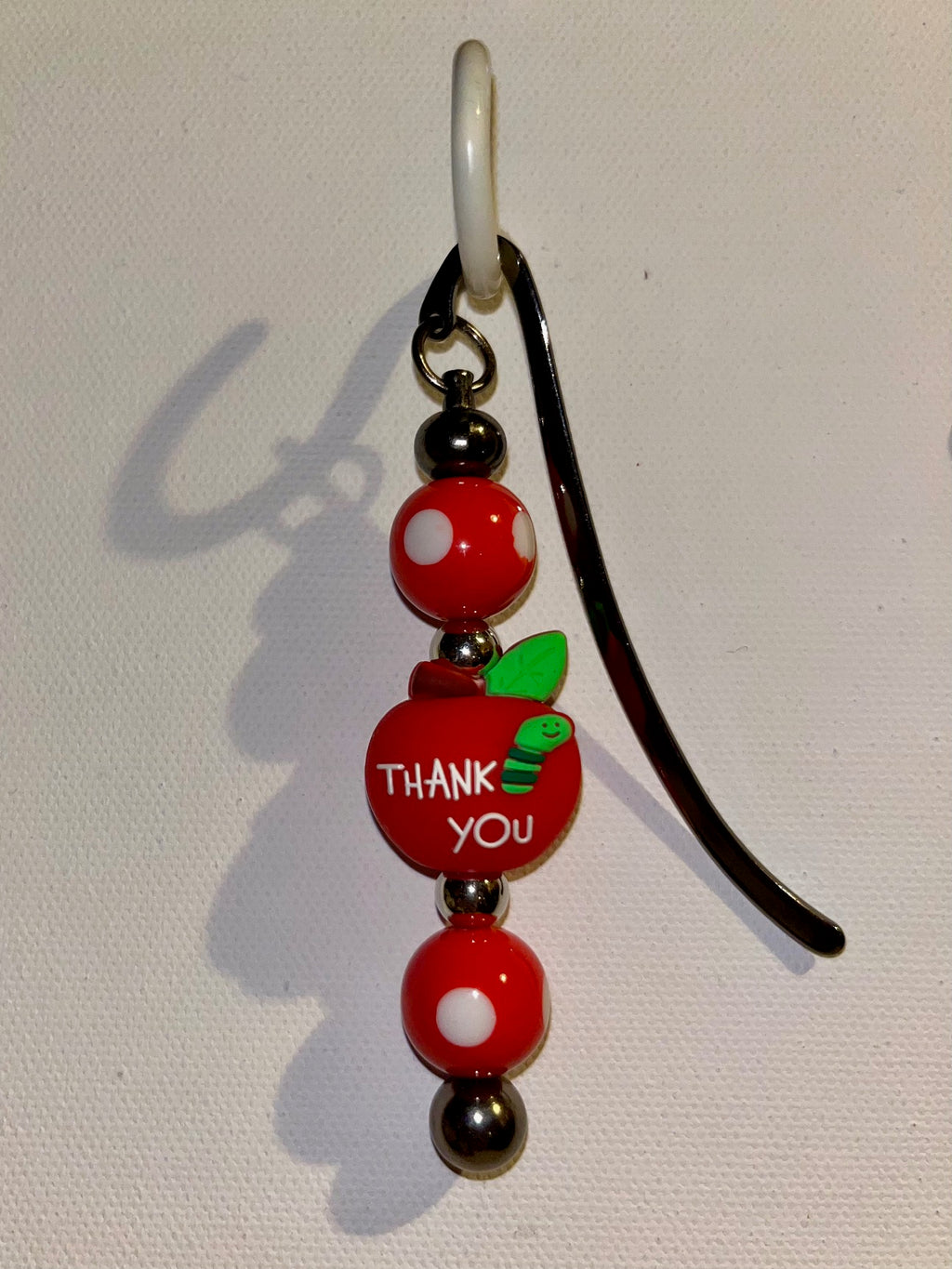 Red Thank You/Teacher Apple & White Polka Dot Beaded Bookmark