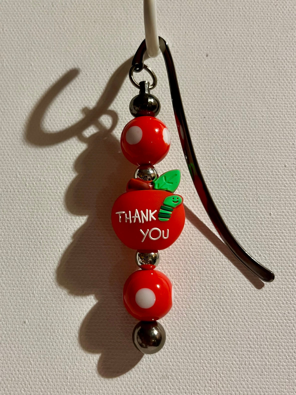 Red Thank You/Teacher Apple & White Polka Dot Beaded Bookmark