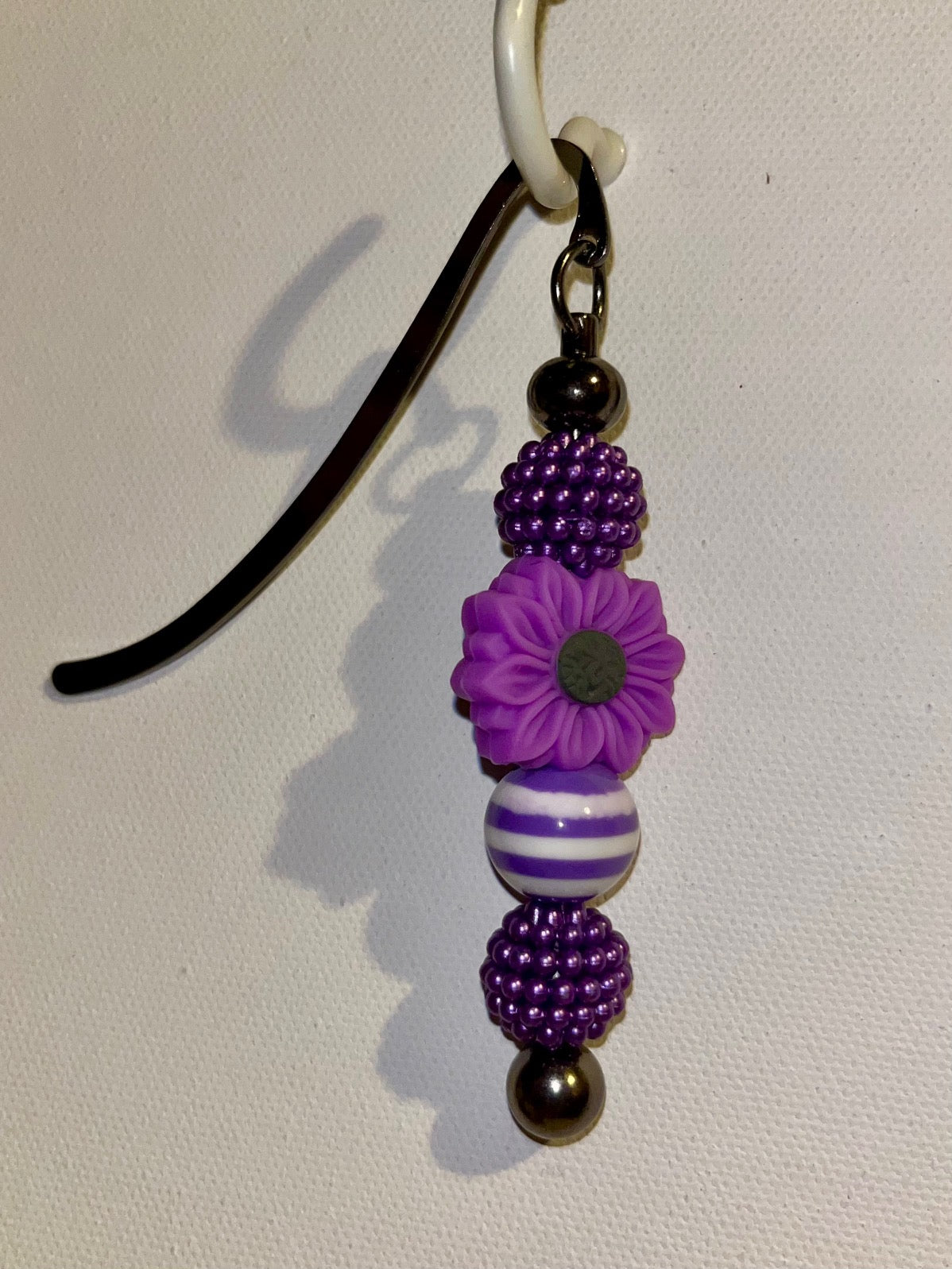 Purple Flower w/White & Purple Stripes & Shiny Purple Bubble Beaded Bookmark