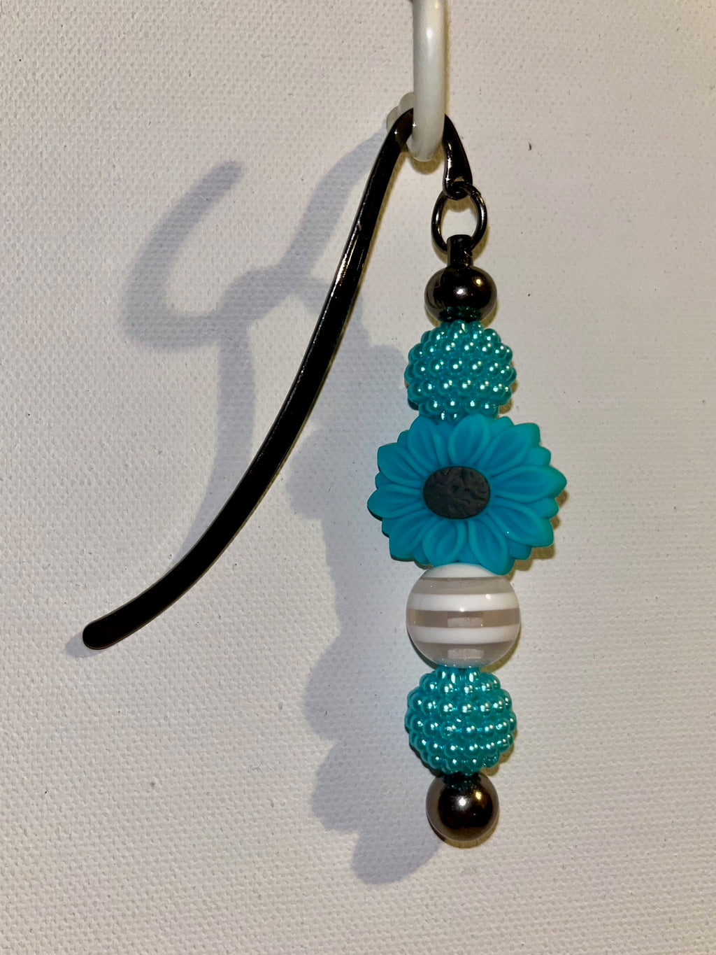 Turquoise Floral Beaded Bookmark w/White Stripes & Shiny Turquoise Bubble Beads