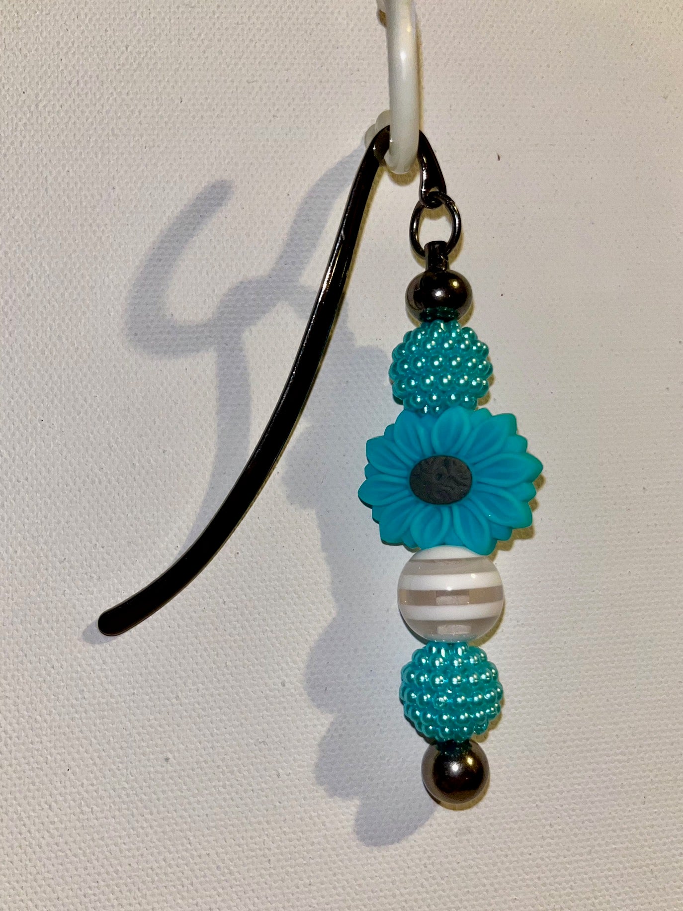 Turquoise Floral Beaded Bookmark w/White Stripes & Shiny Turquoise Bubble Beads