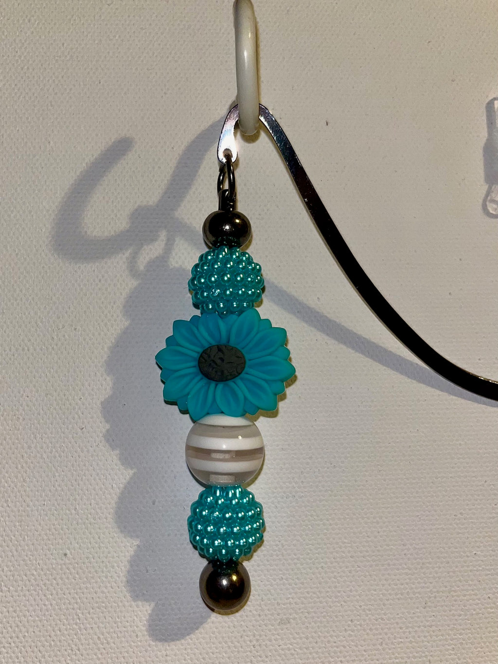 Turquoise Floral Beaded Bookmark w/White Stripes & Shiny Turquoise Bubble Beads