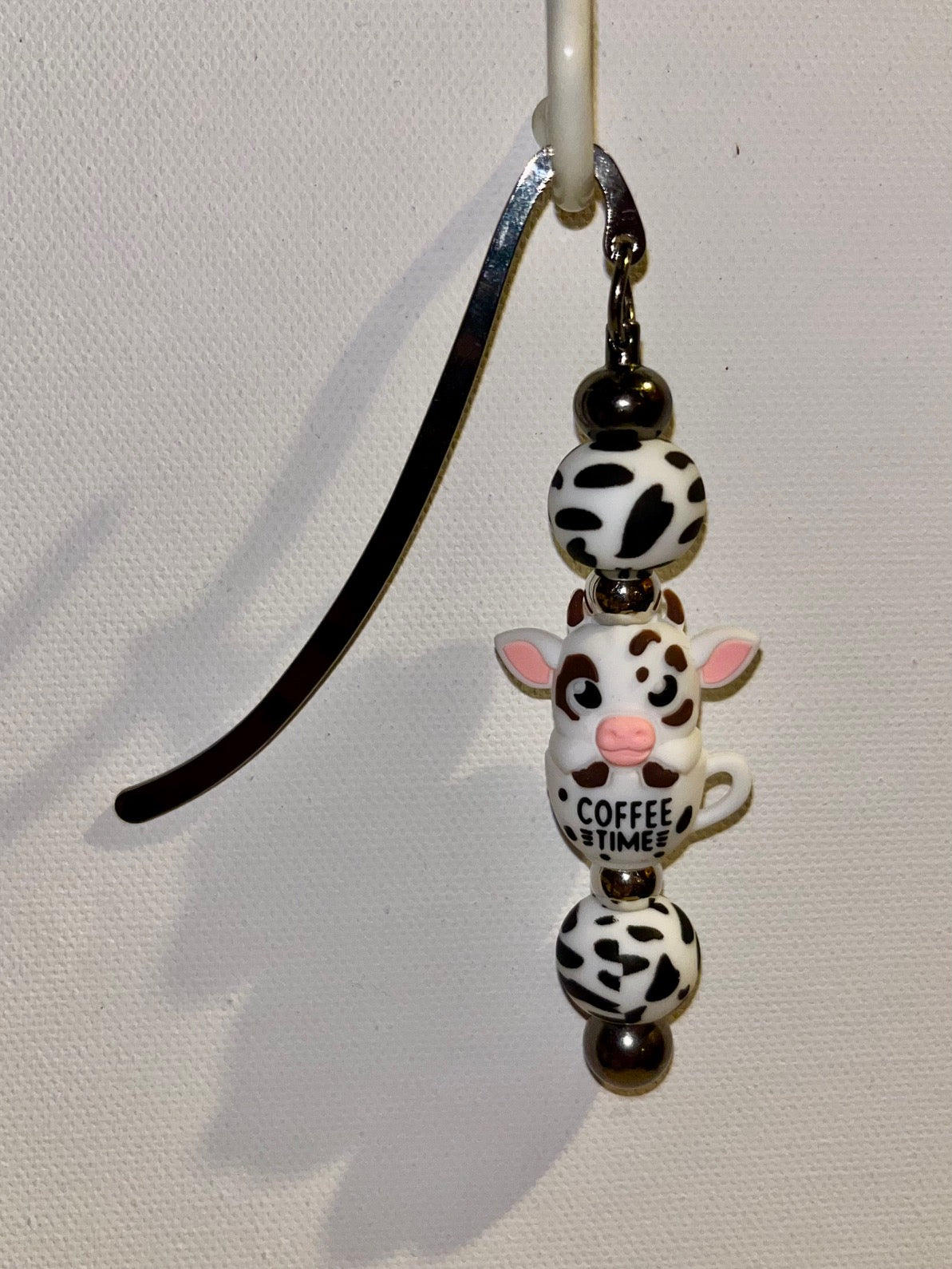 Charmingly Cute Cow ‘Coffee Time’ Bookmark w/White & Black Cow Print Accents