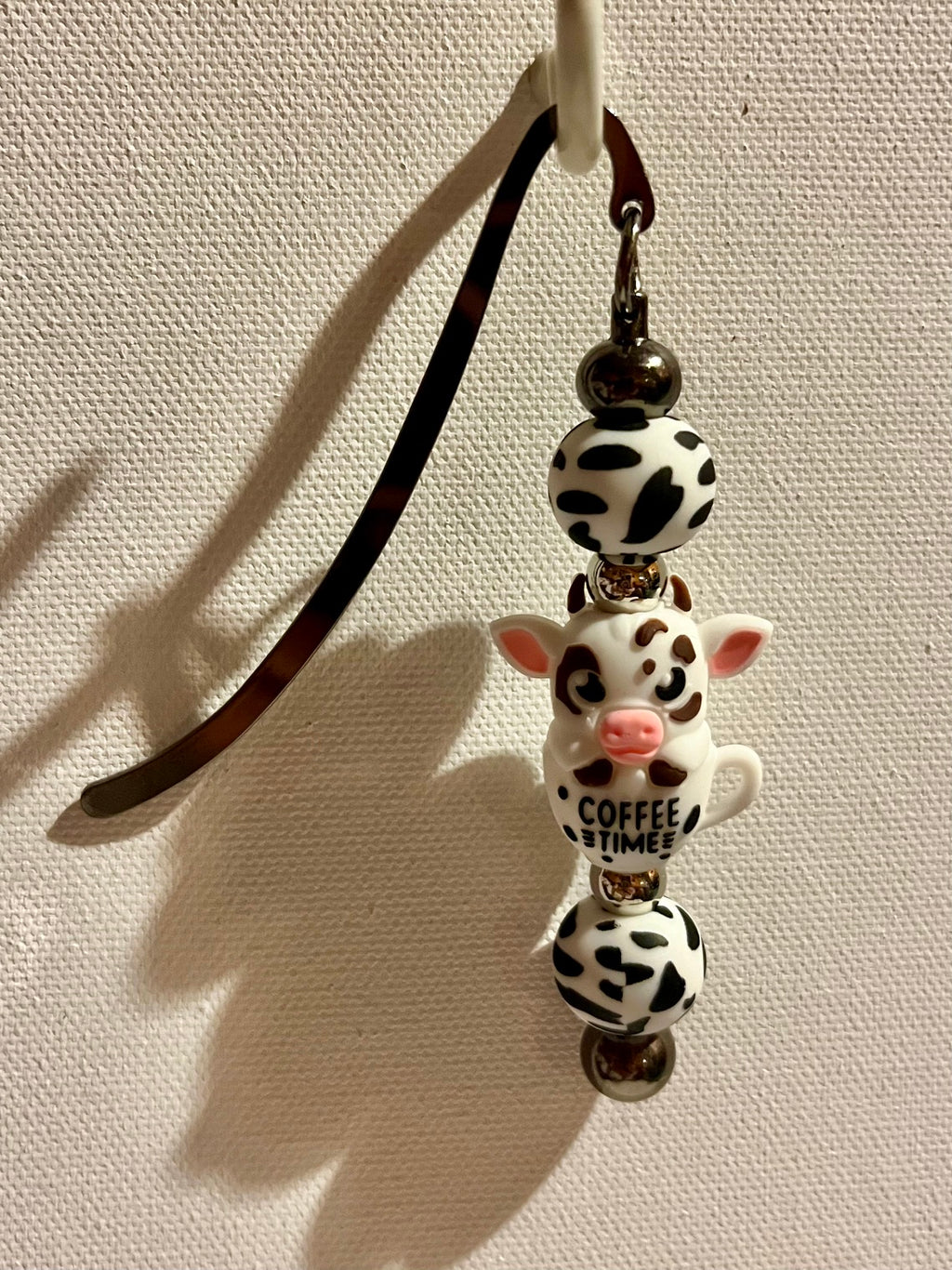 Charmingly Cute Cow ‘Coffee Time’ Bookmark w/White & Black Cow Print Accents