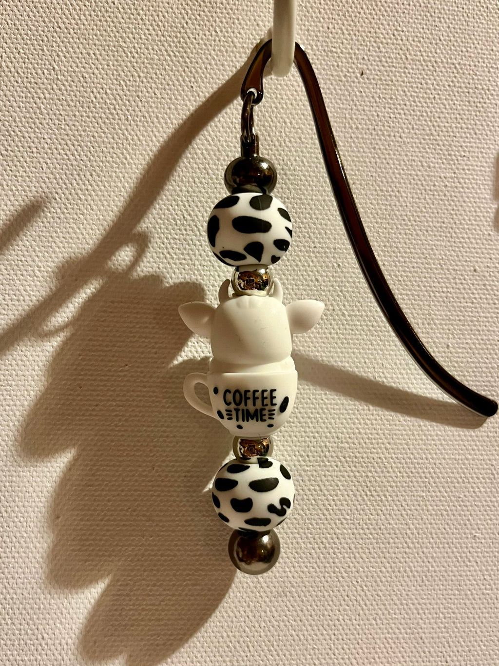 Charmingly Cute Cow ‘Coffee Time’ Bookmark w/White & Black Cow Print Accents