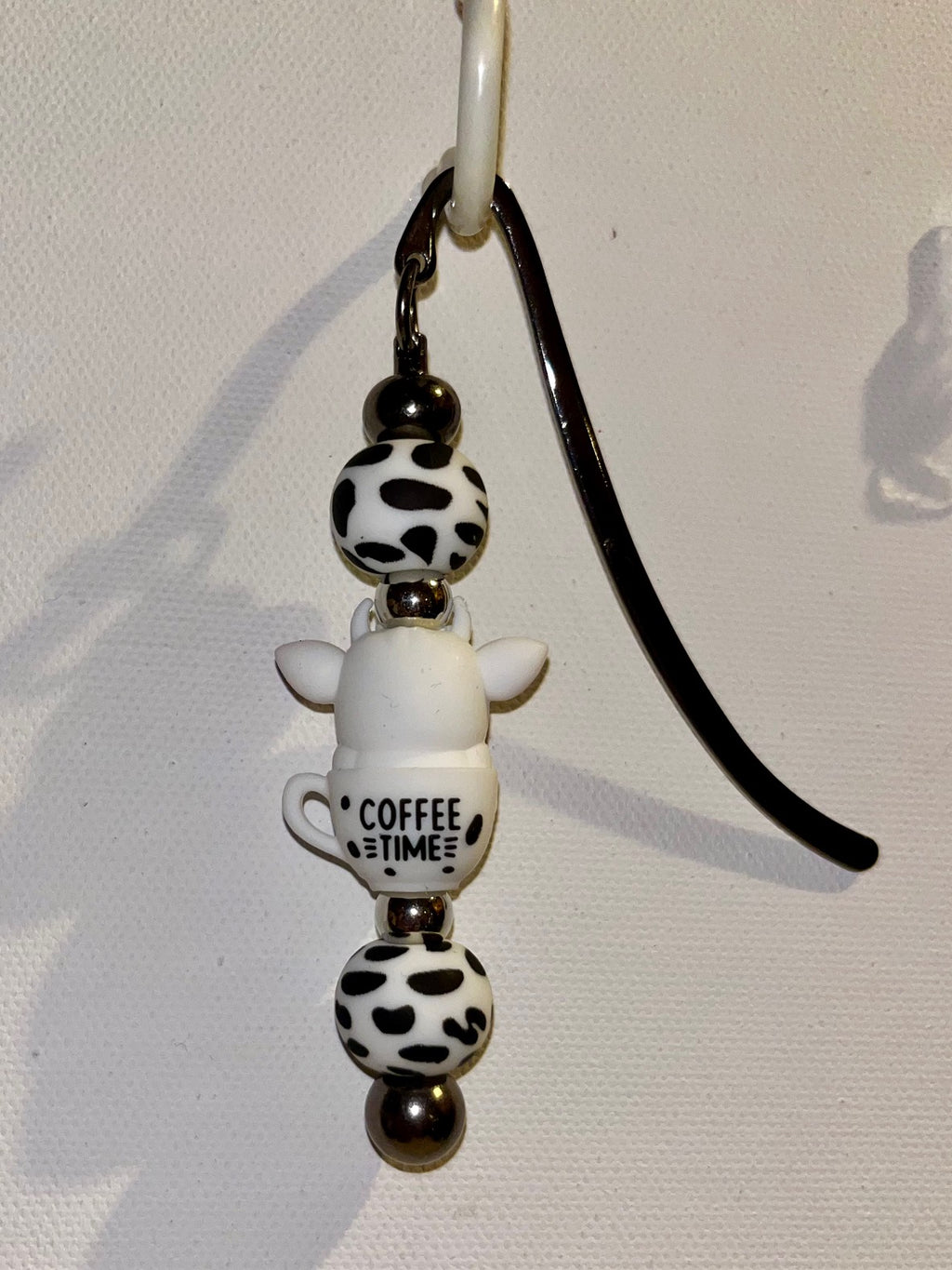 Charmingly Cute Cow ‘Coffee Time’ Bookmark w/White & Black Cow Print Accents