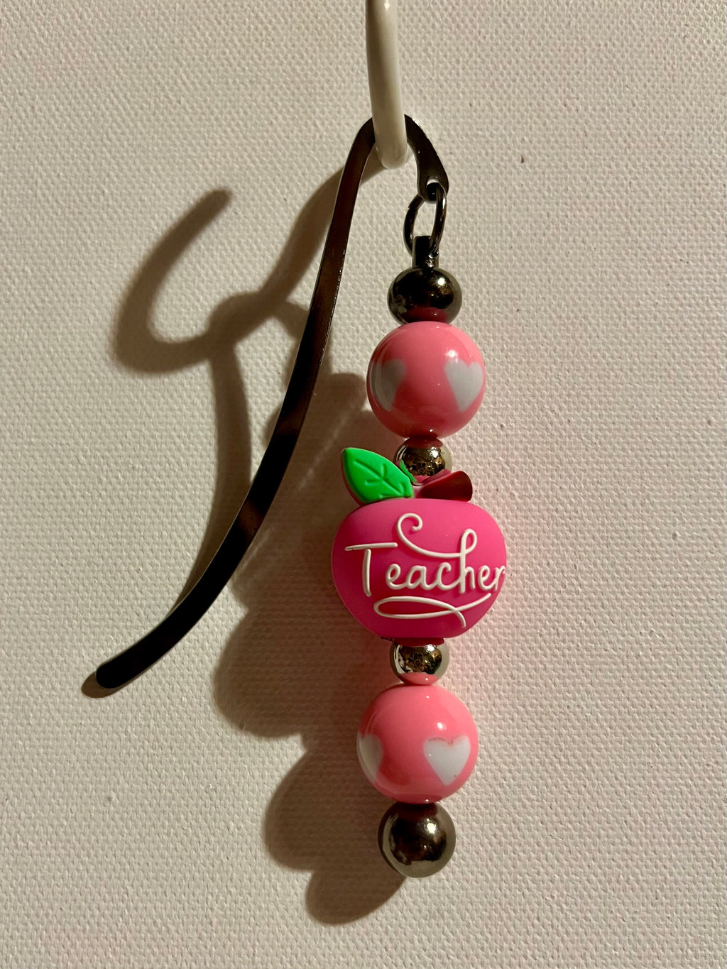 Pink "Teacher/Thank You" Apple Beaded Bookmark w/Pink Heart-Accented Beads