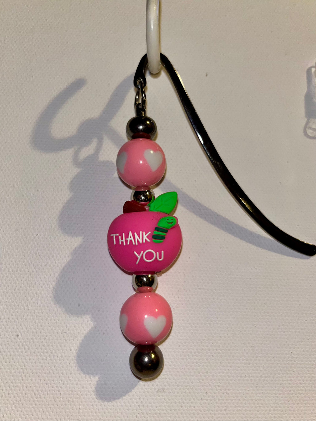 Pink "Teacher/Thank You" Apple Beaded Bookmark w/Pink Heart-Accented Beads