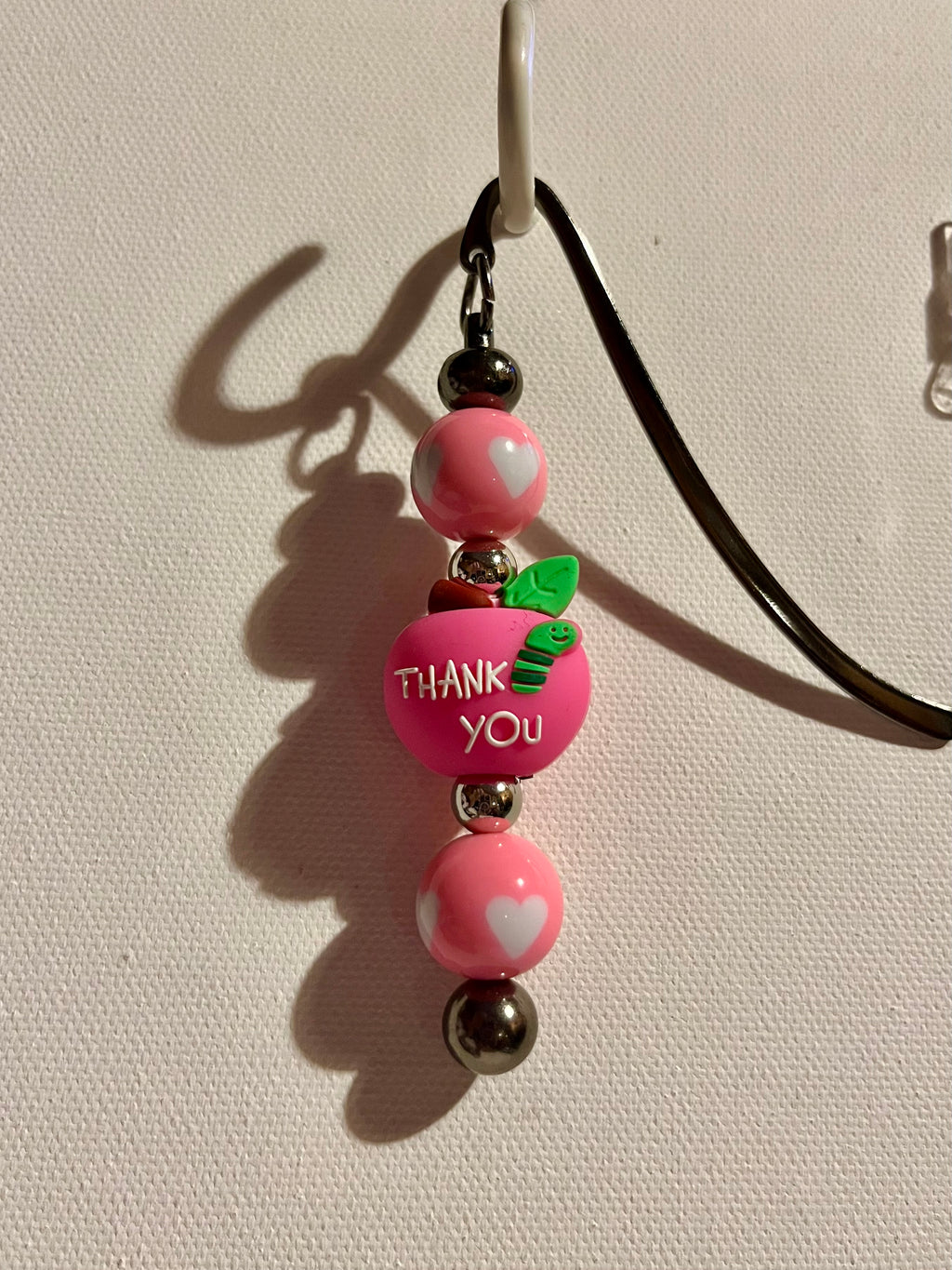 Pink "Teacher/Thank You" Apple Beaded Bookmark w/Pink Heart-Accented Beads