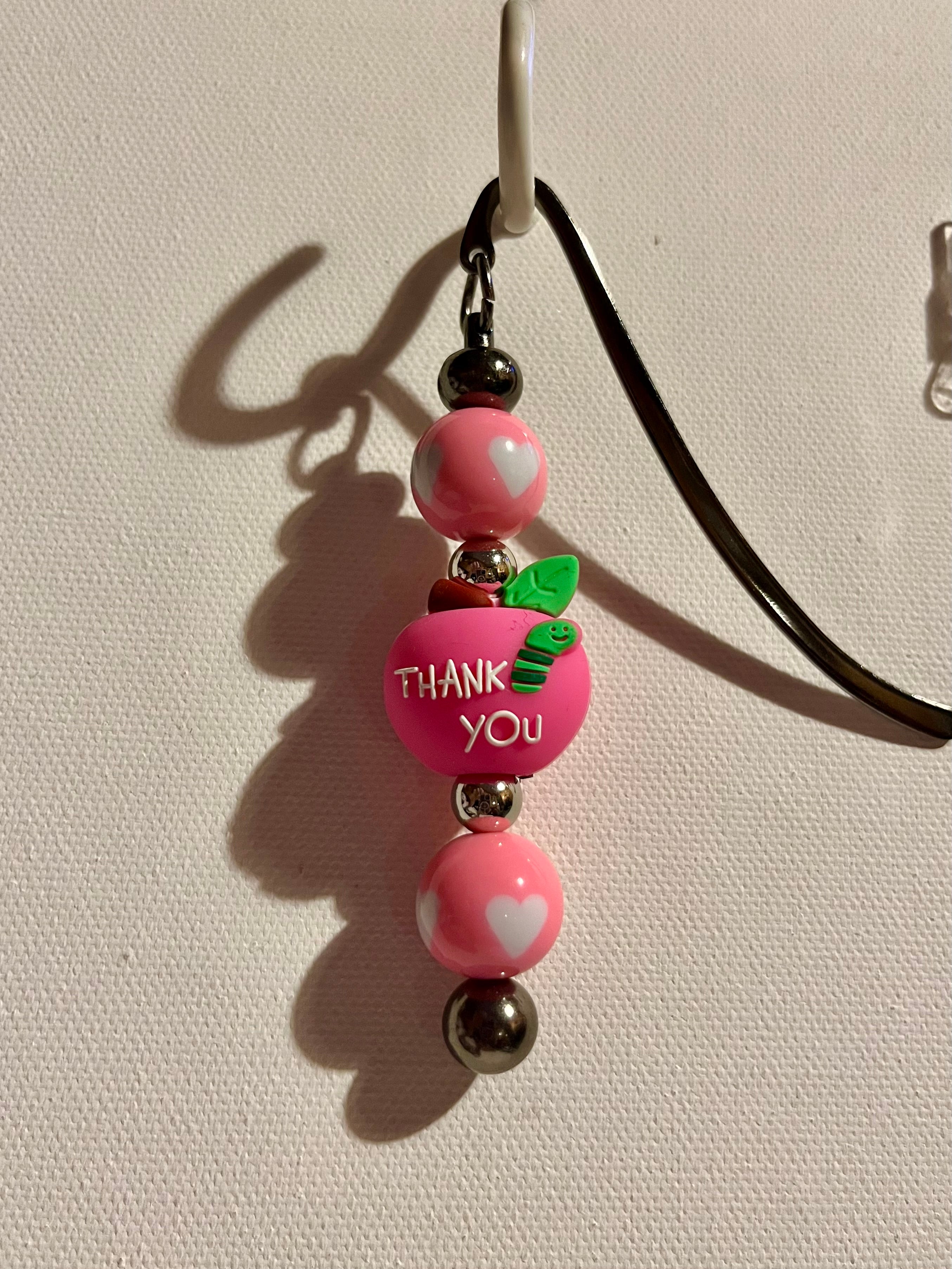 Pink "Teacher/Thank You" Apple Beaded Bookmark w/Pink Heart-Accented Beads
