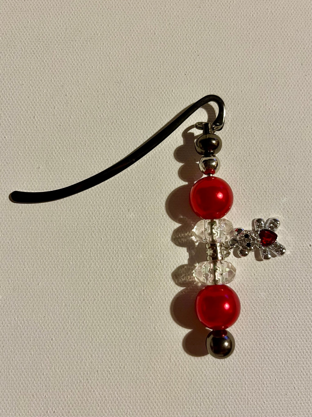 Beaded Red, Crystal and Silver Hook Bookmark w/a Sparkly Rhinestone Bear w/Heart