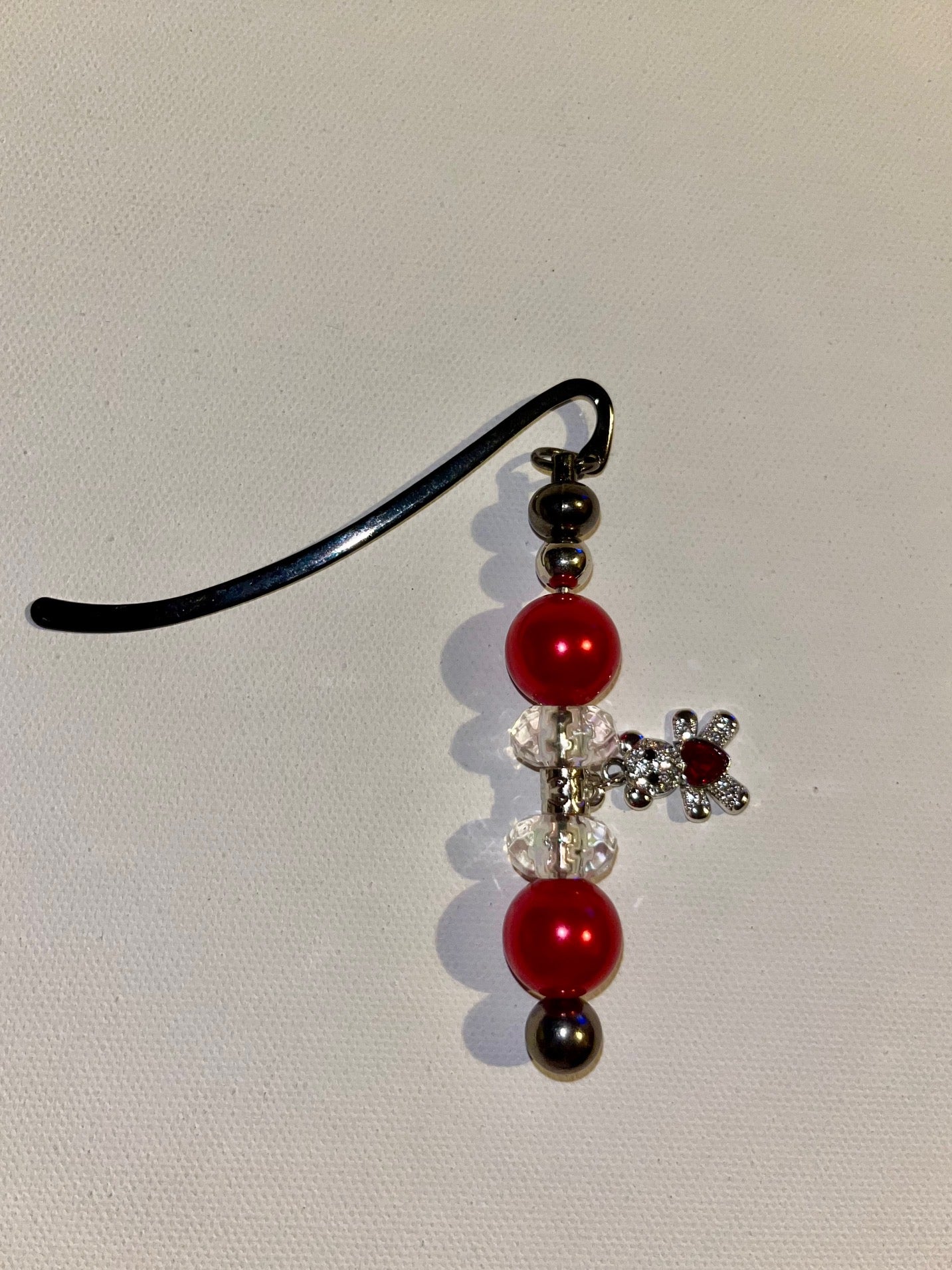 Beaded Red, Crystal and Silver Hook Bookmark w/a Sparkly Rhinestone Bear w/Heart