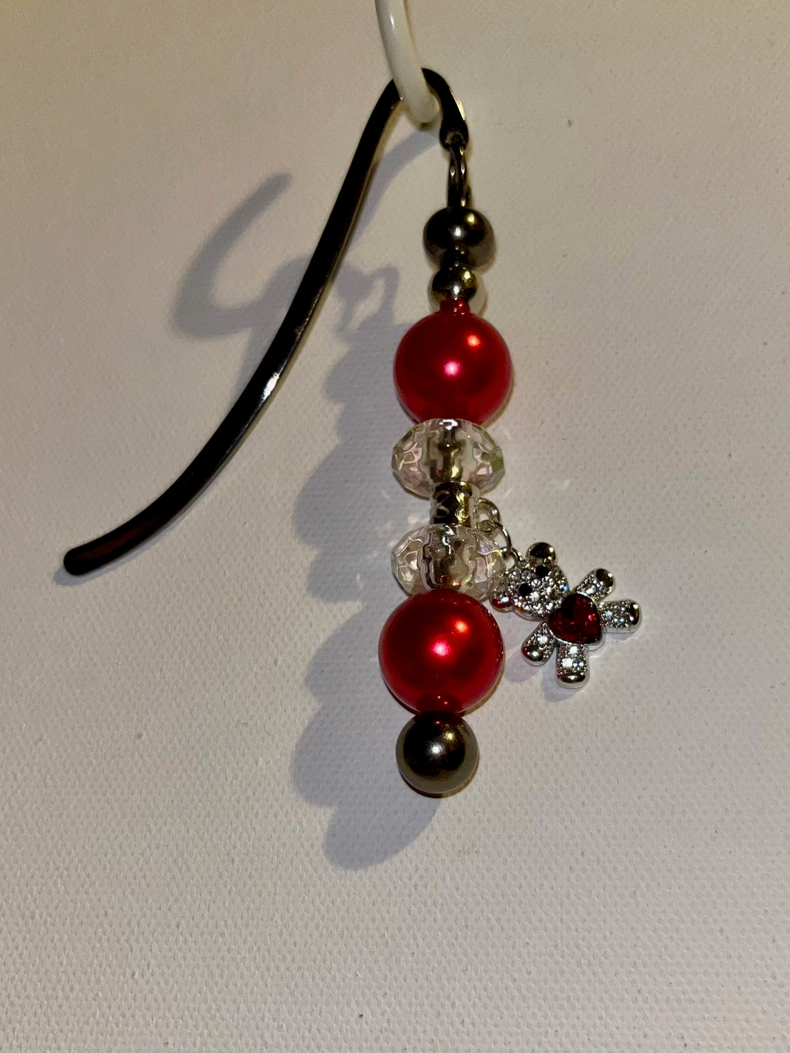 Beaded Red, Crystal and Silver Hook Bookmark w/a Sparkly Rhinestone Bear w/Heart