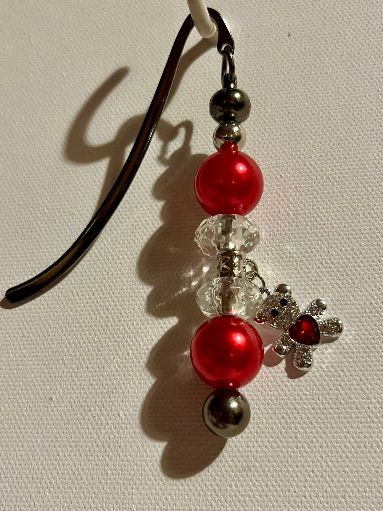 Beaded Red, Crystal and Silver Hook Bookmark w/a Sparkly Rhinestone Bear w/Heart