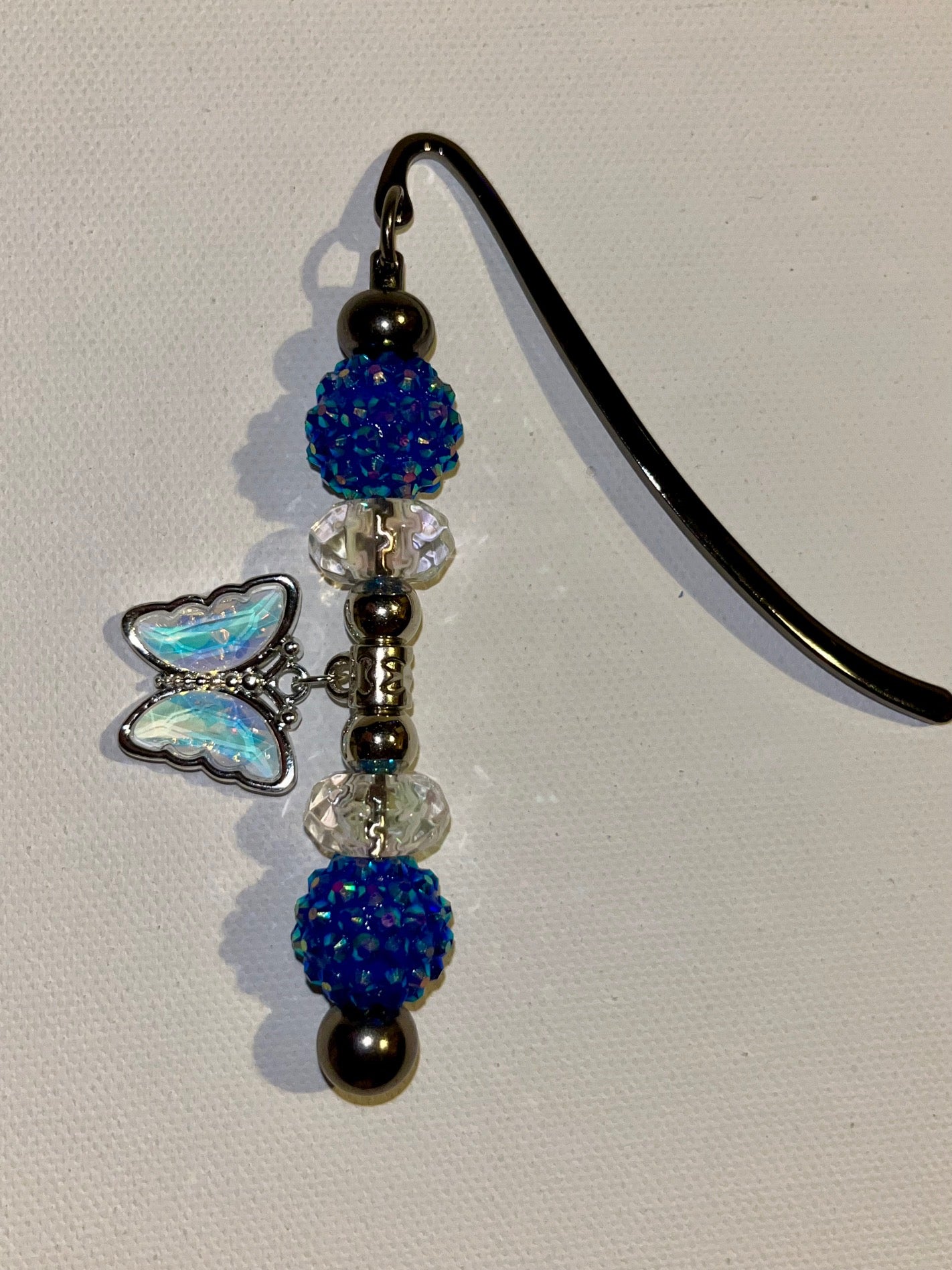 Silver-tone Beaded Bookmark with Blue Butterfly Iridescent Charm