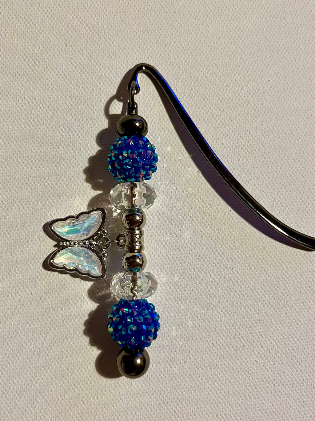 Silver-tone Beaded Bookmark with Blue Butterfly Iridescent Charm