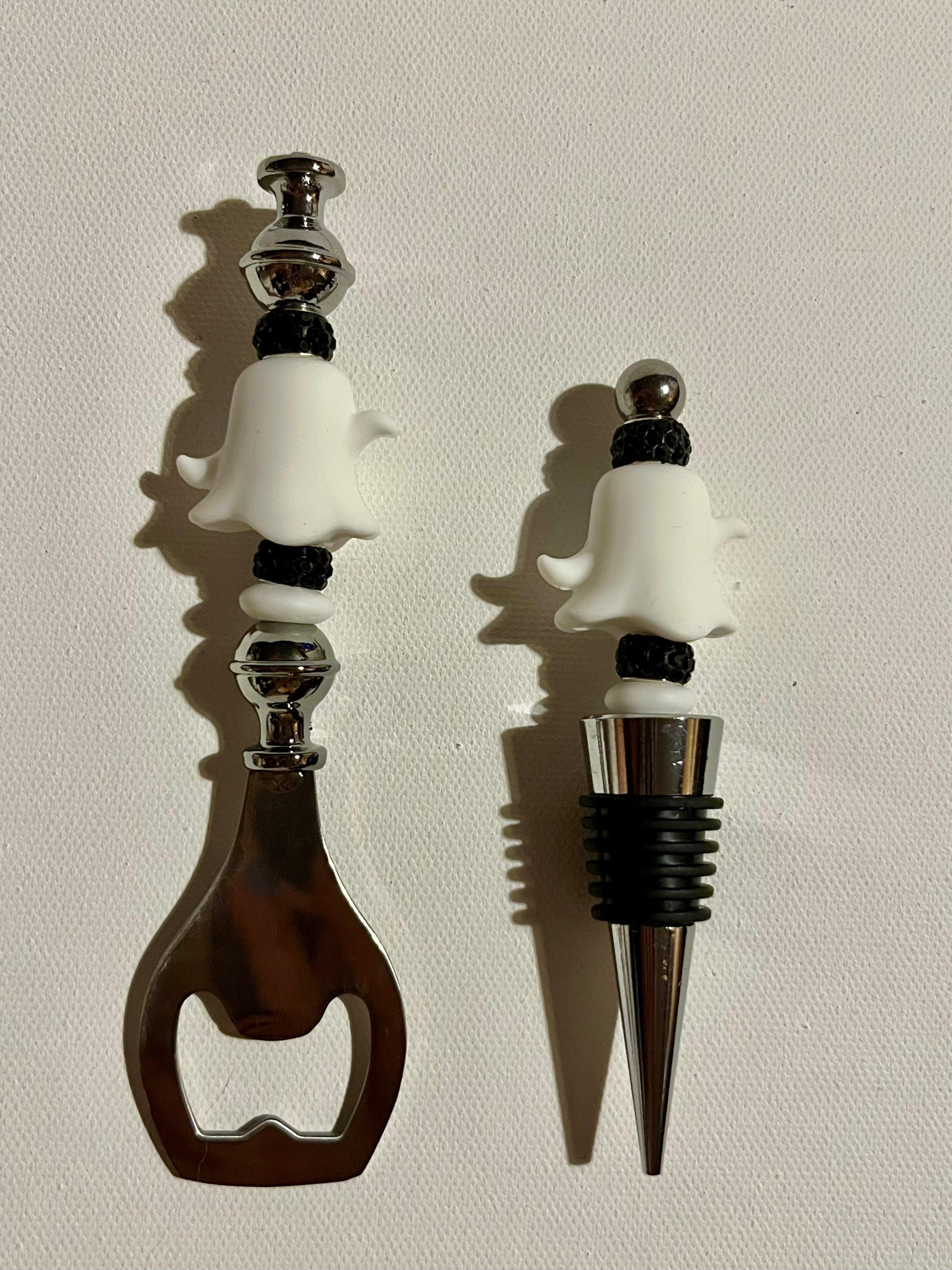 Ghost Wine Bottle Stopper & Bottle Opener Set - White and Black