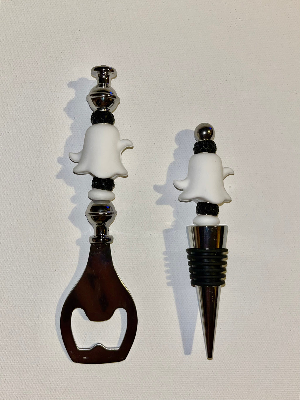 Ghost Wine Bottle Stopper & Bottle Opener Set - White and Black