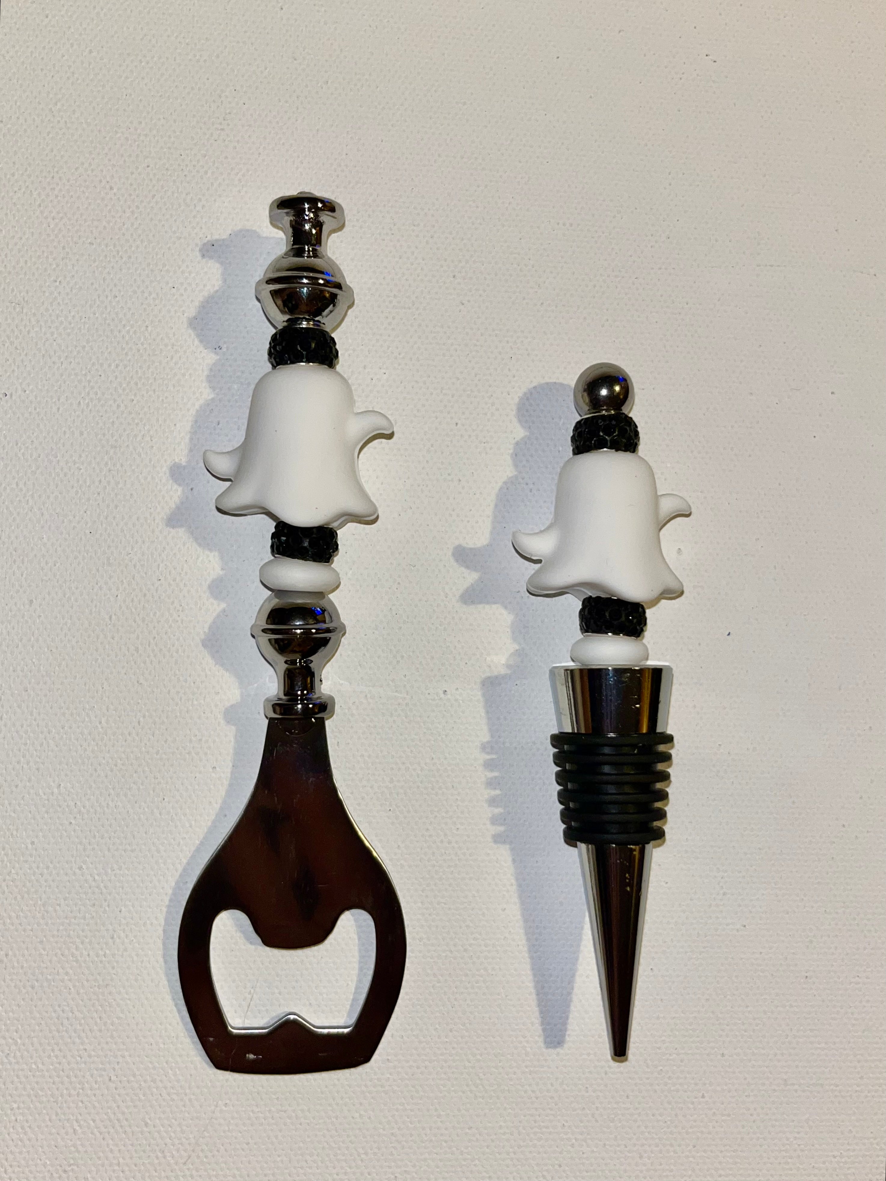 Ghost Wine Bottle Stopper & Bottle Opener Set - White and Black