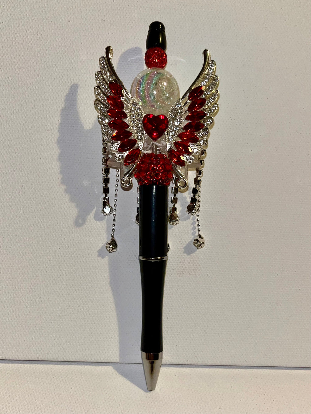 Embellished Angel Wing Ballpoint Pen w/Red Crystal Accents/Iridescent Pavé Bead