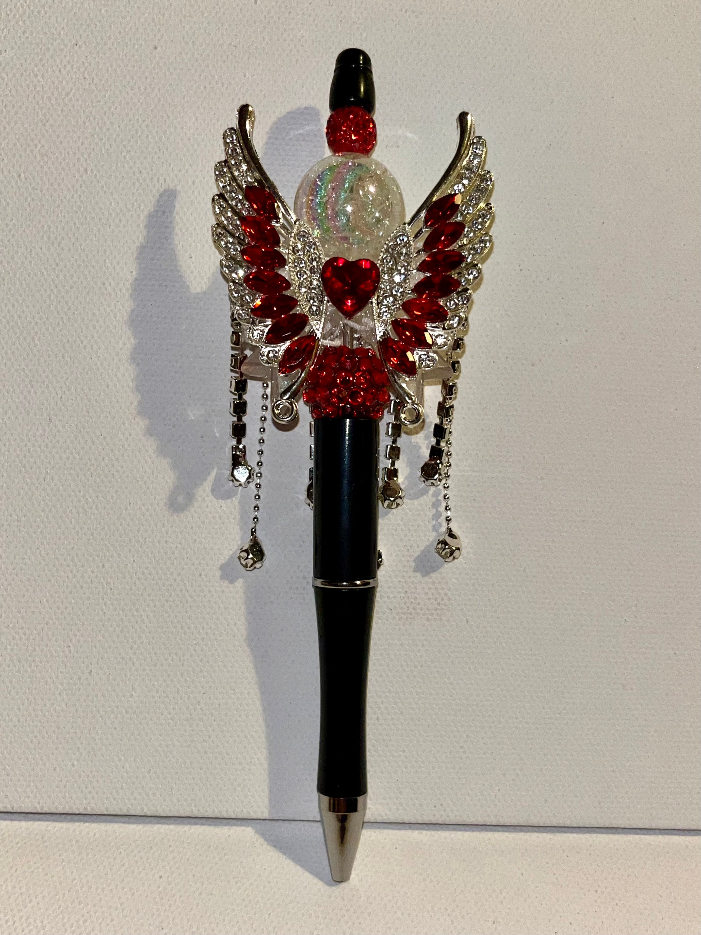 Embellished Angel Wing Ballpoint Pen w/Red Crystal Accents/Iridescent Pavé Bead